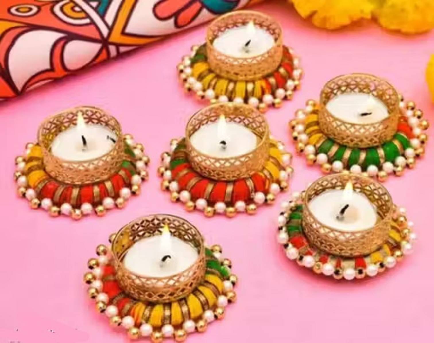     			EPSAA Multicolour Table Top Metal Tea Light Holder - Pack of 6
