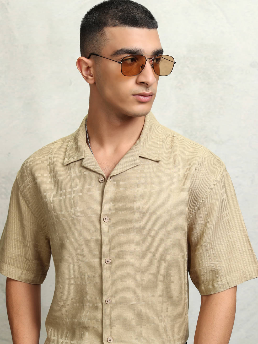     			Highlander 100% Cotton Oversized Fit Self Design Half Sleeves Men's Casual Shirt - Beige ( Pack of 1 )