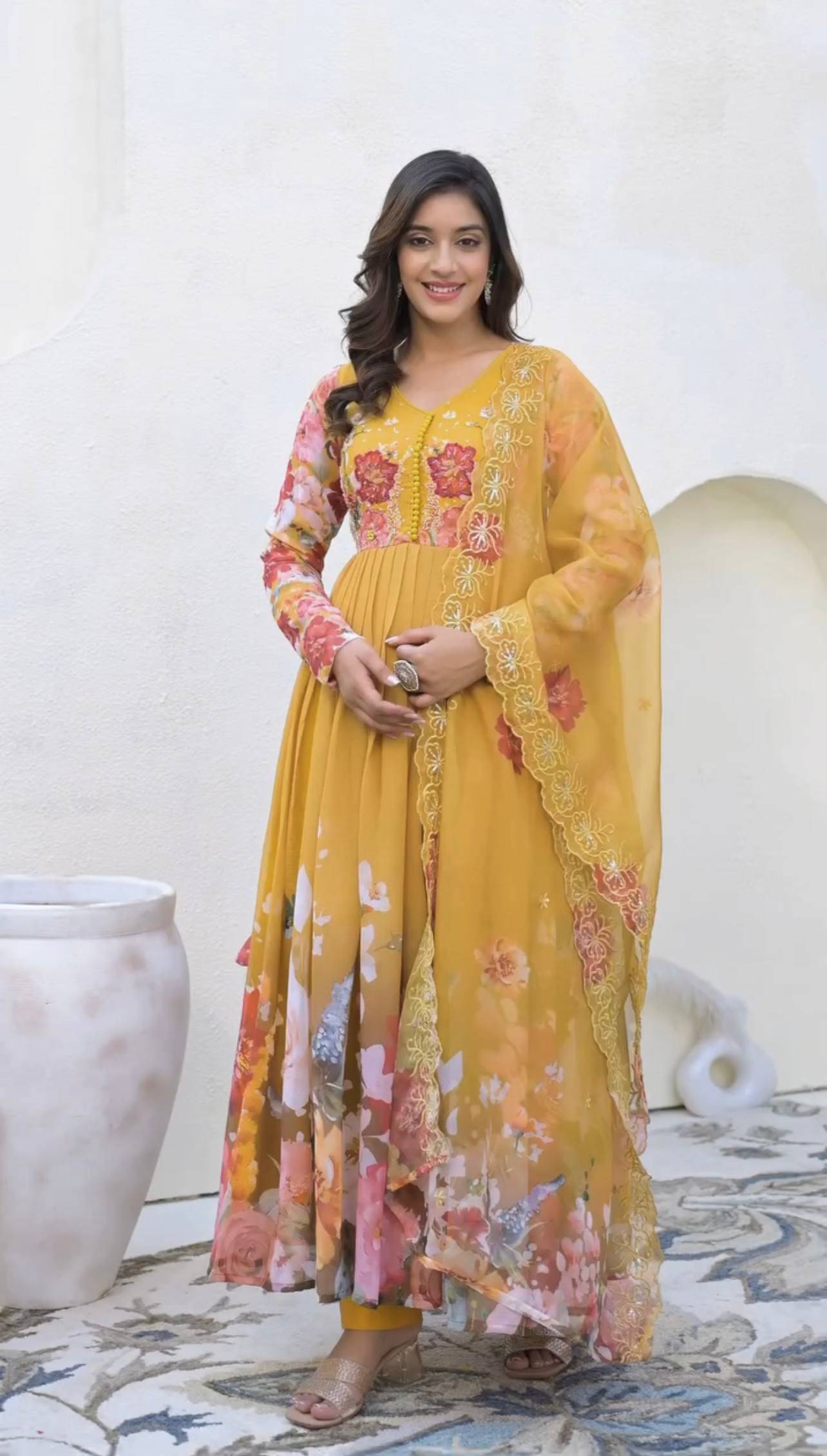 INDIAN SILKS Women Georgette Printed Anarkali Kurti With Pants ( Yellow )     			INDIAN SILKS Women Georgette Printed Anarkali Kurti With Pants ( Yellow )