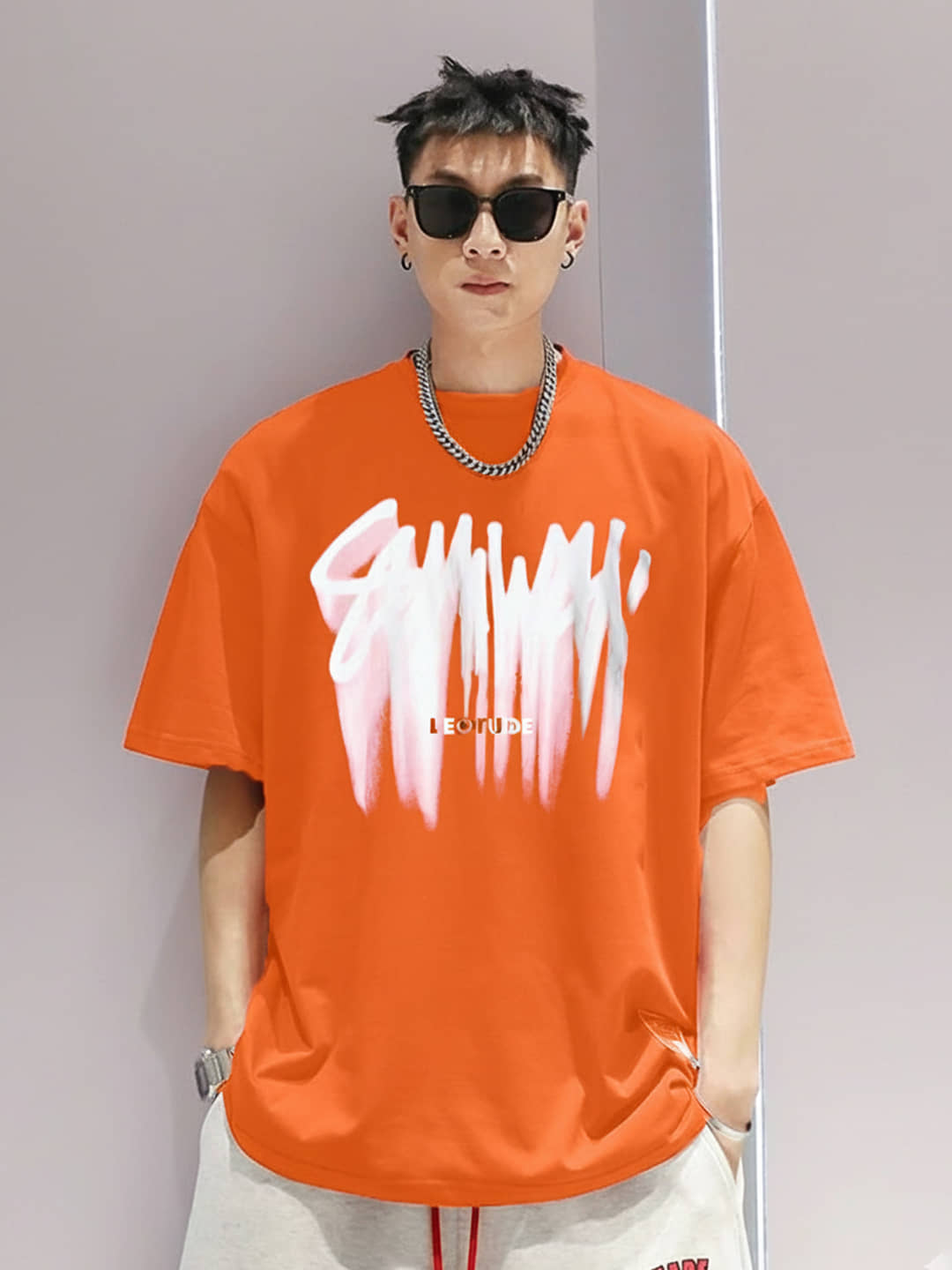 Leotude Men Cotton Blend Oversized Fit Printed T-Shirt ( Orange )