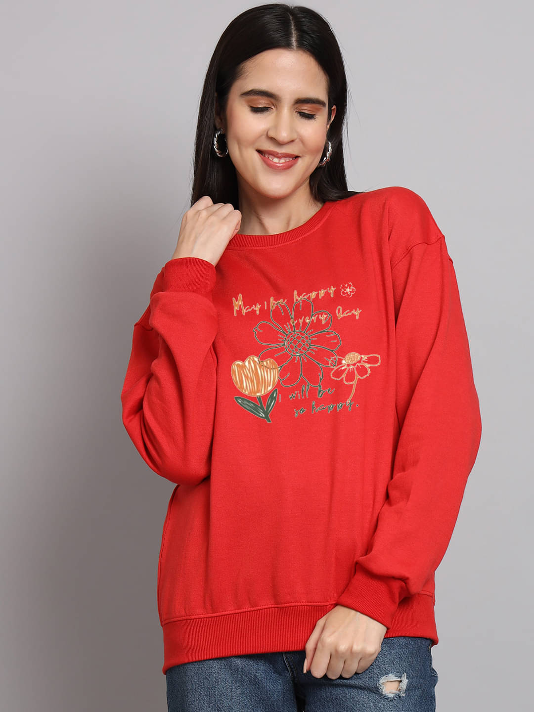 OBAAN Women Fleece Round Neck Sweatshirt ( Red ) OBAAN Women Fleece Round Neck Sweatshirt ( Red )