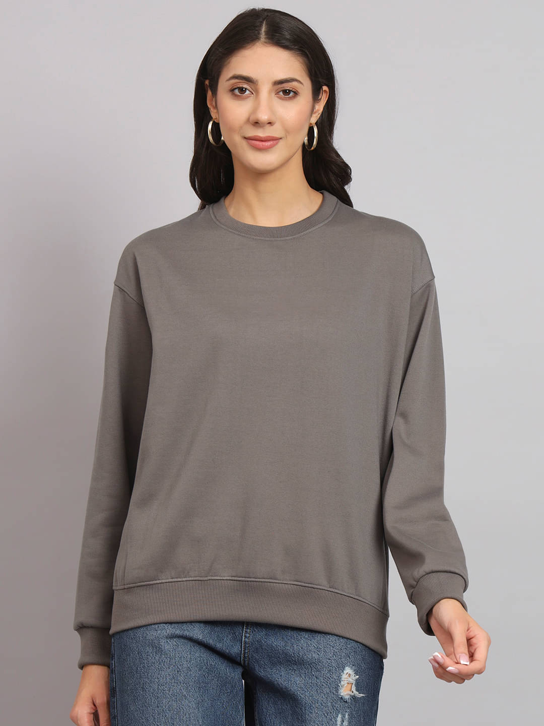 OBAAN Women Fleece Round Neck Sweatshirt ( Charcoal ) OBAAN Women Fleece Round Neck Sweatshirt ( Charcoal )