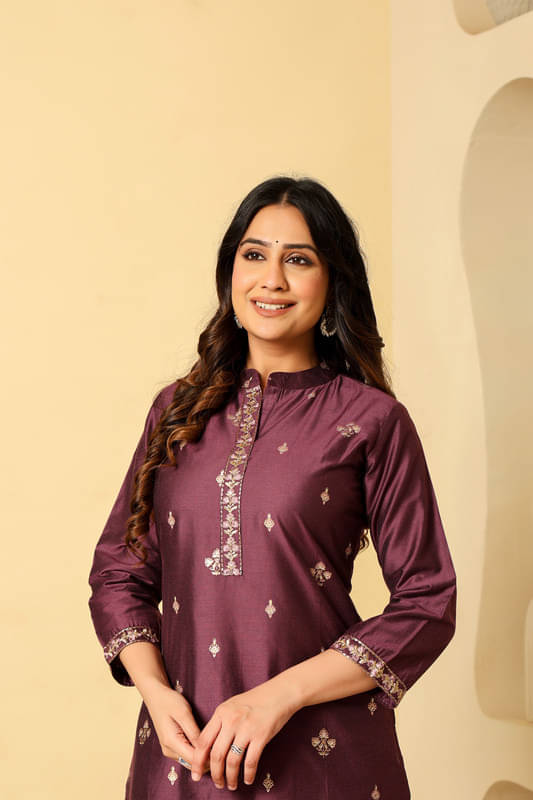    			SUAAC Women Silk Blend Embroidered Straight Kurti With Palazzo ( Purple )