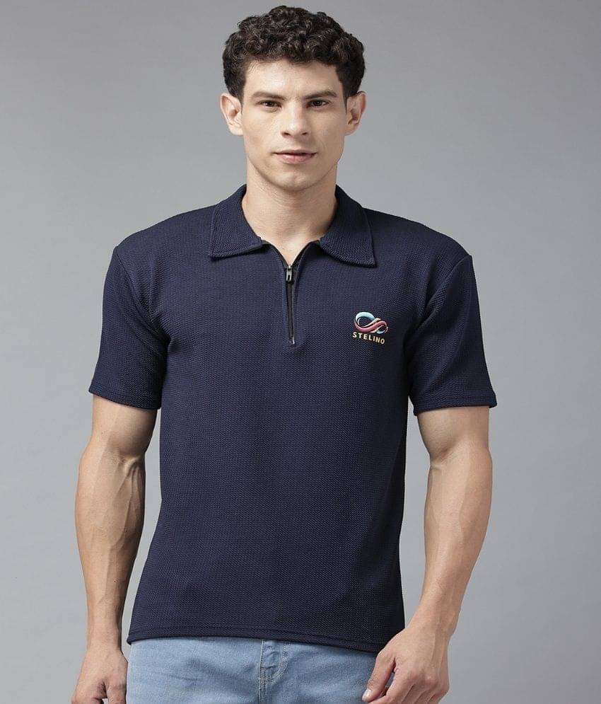     			Stelino Men Cotton Blend Regular Fit Self Design Polo T Shirt ( Navy Blue )