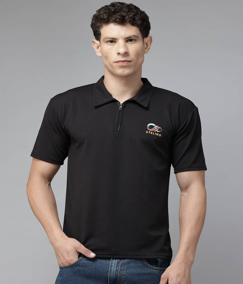     			Stelino Men Cotton Blend Regular Fit Self Design Polo T Shirt ( Black )