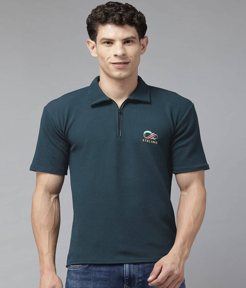     			Stelino Men Cotton Blend Regular Fit Self Design Polo T Shirt ( Blue )