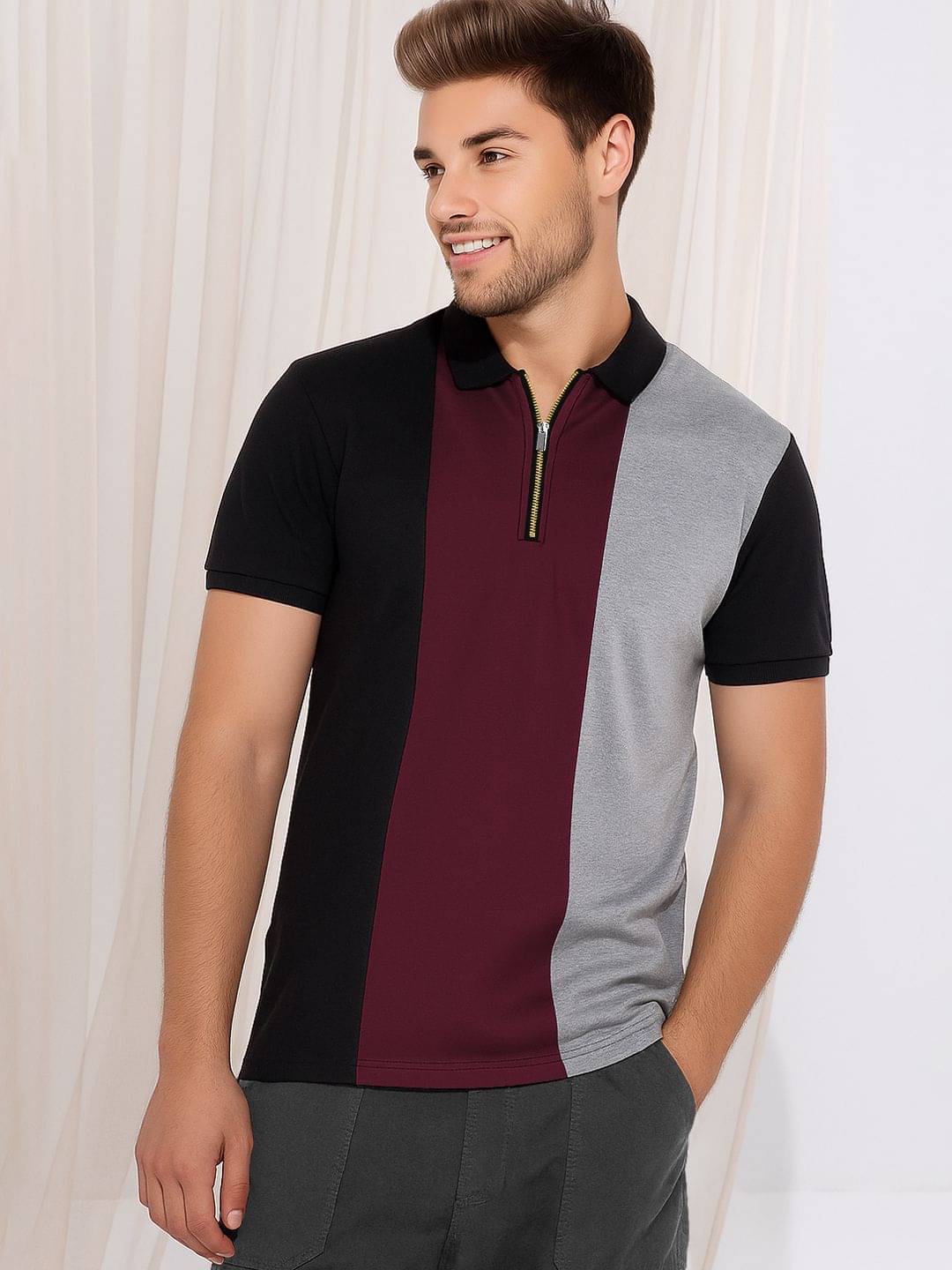 Tripr Men Cotton Blend Regular Fit Colorblock Polo T Shirt ( Multicolor ) Tripr Men Cotton Blend Regular Fit Colorblock Polo T Shirt ( Multicolor )