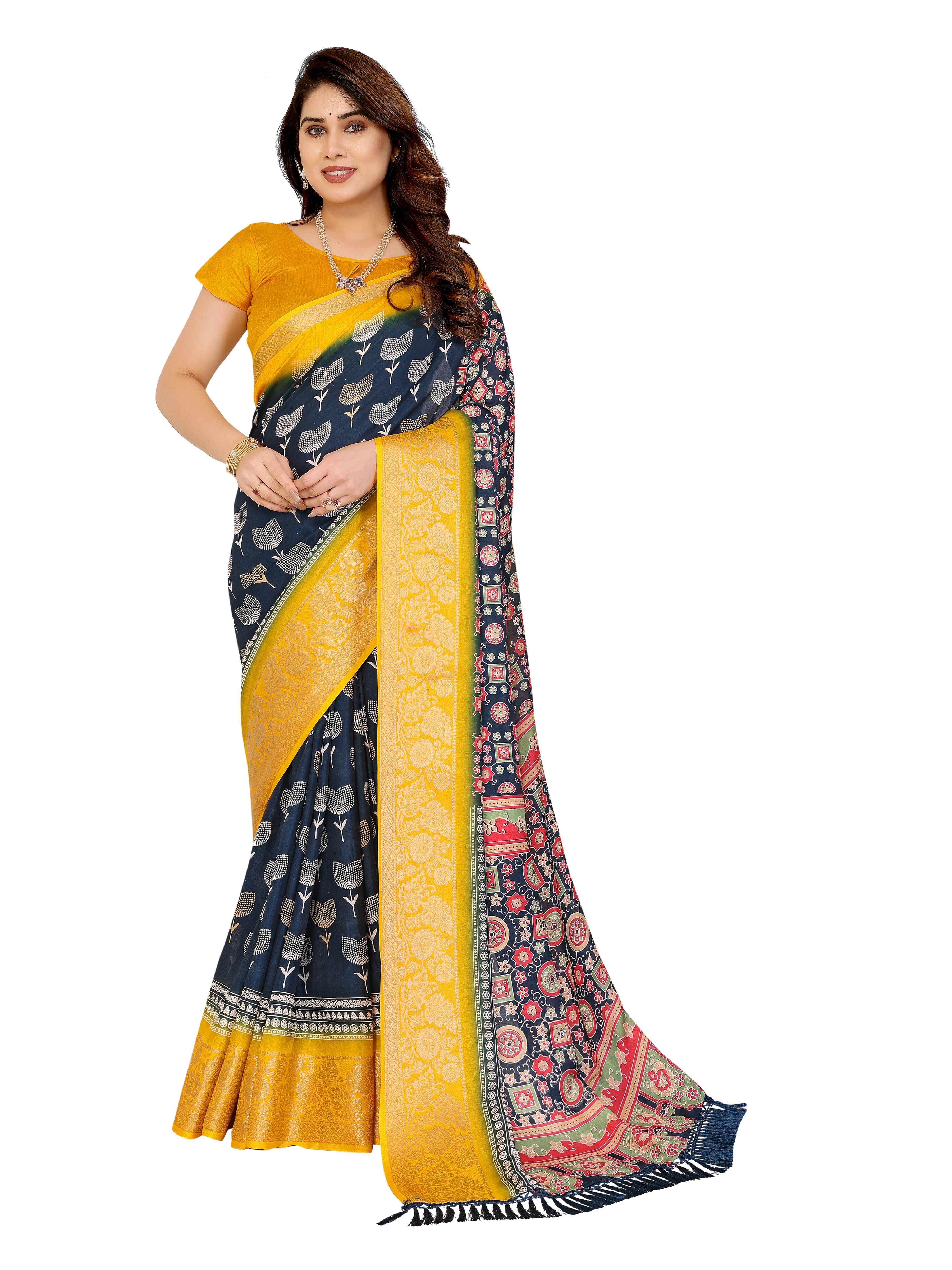 VEDANT VASTRAM Art Silk Printed Regular Saree With Unstitched Blouse Piece ( Blue )     			VEDANT VASTRAM Art Silk Printed Regular Saree With Unstitched Blouse Piece ( Blue )