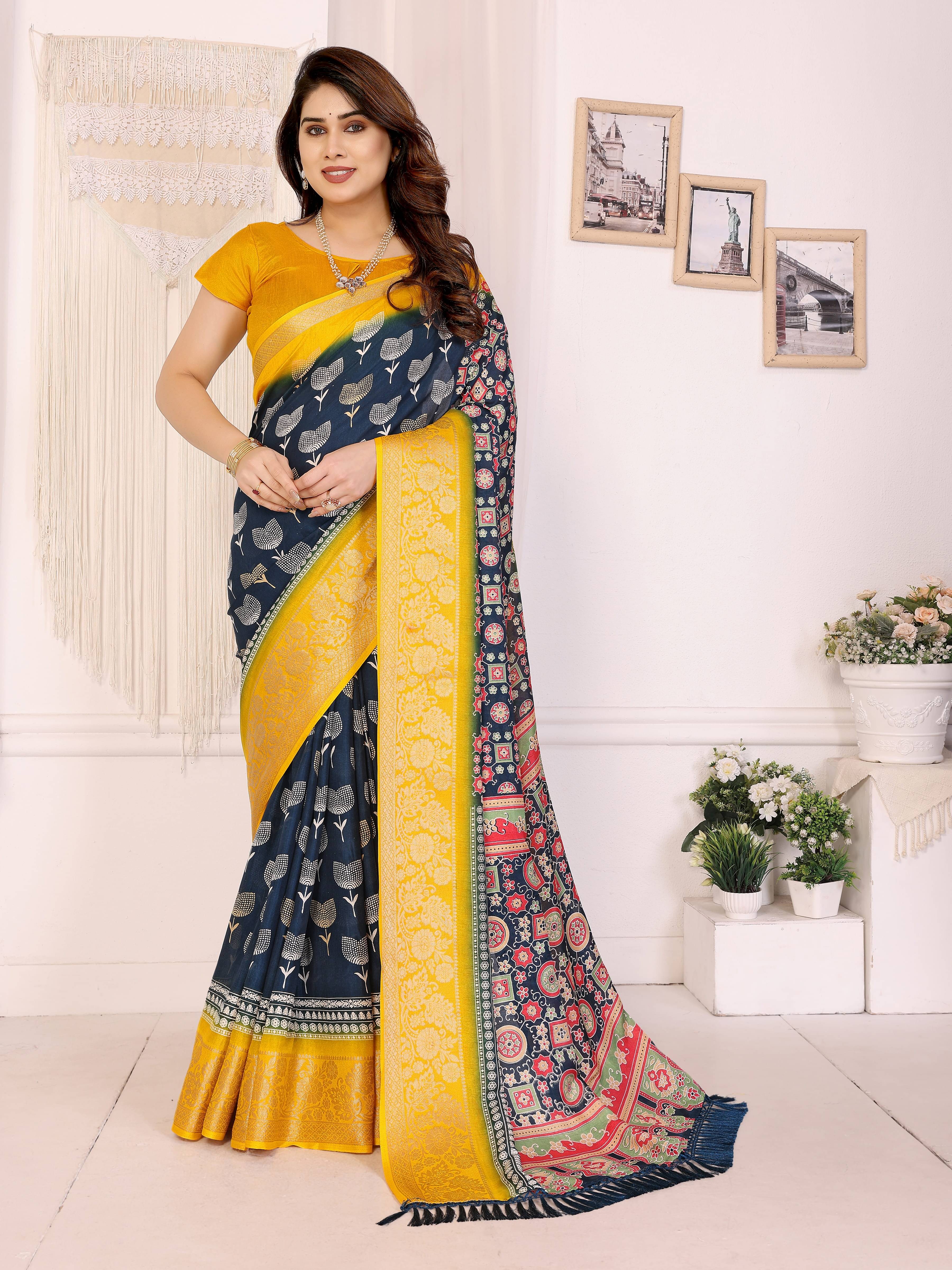 VEDANT VASTRAM Art Silk Printed Regular Saree With Unstitched Blouse Piece ( Blue ) VEDANT VASTRAM Art Silk Printed Regular Saree With Unstitched Blouse Piece ( Blue )