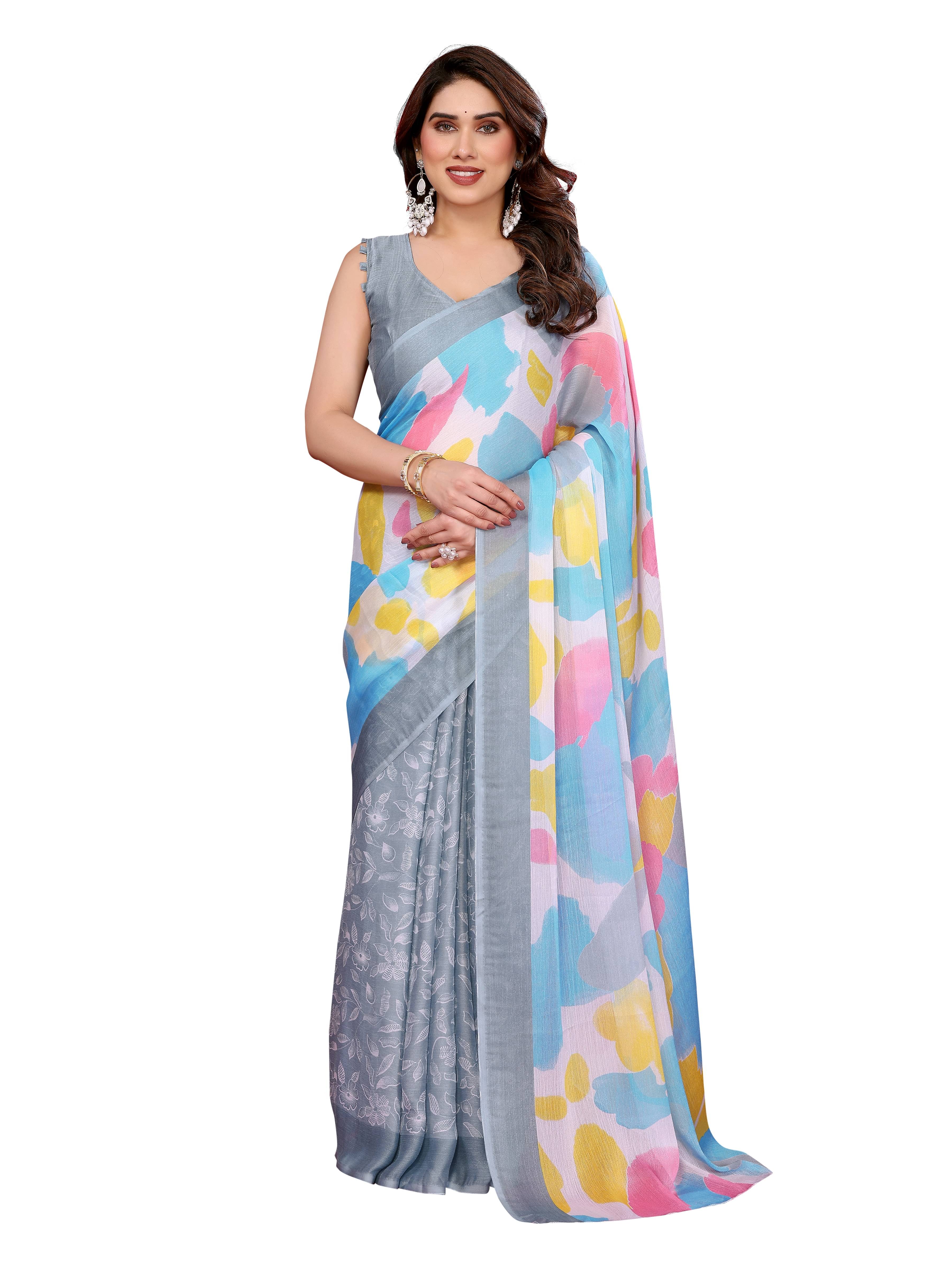 VEDANT VASTRAM Chiffon Printed Regular Saree With Unstitched Blouse Piece ( Grey ) VEDANT VASTRAM Chiffon Printed Regular Saree With Unstitched Blouse Piece ( Grey )