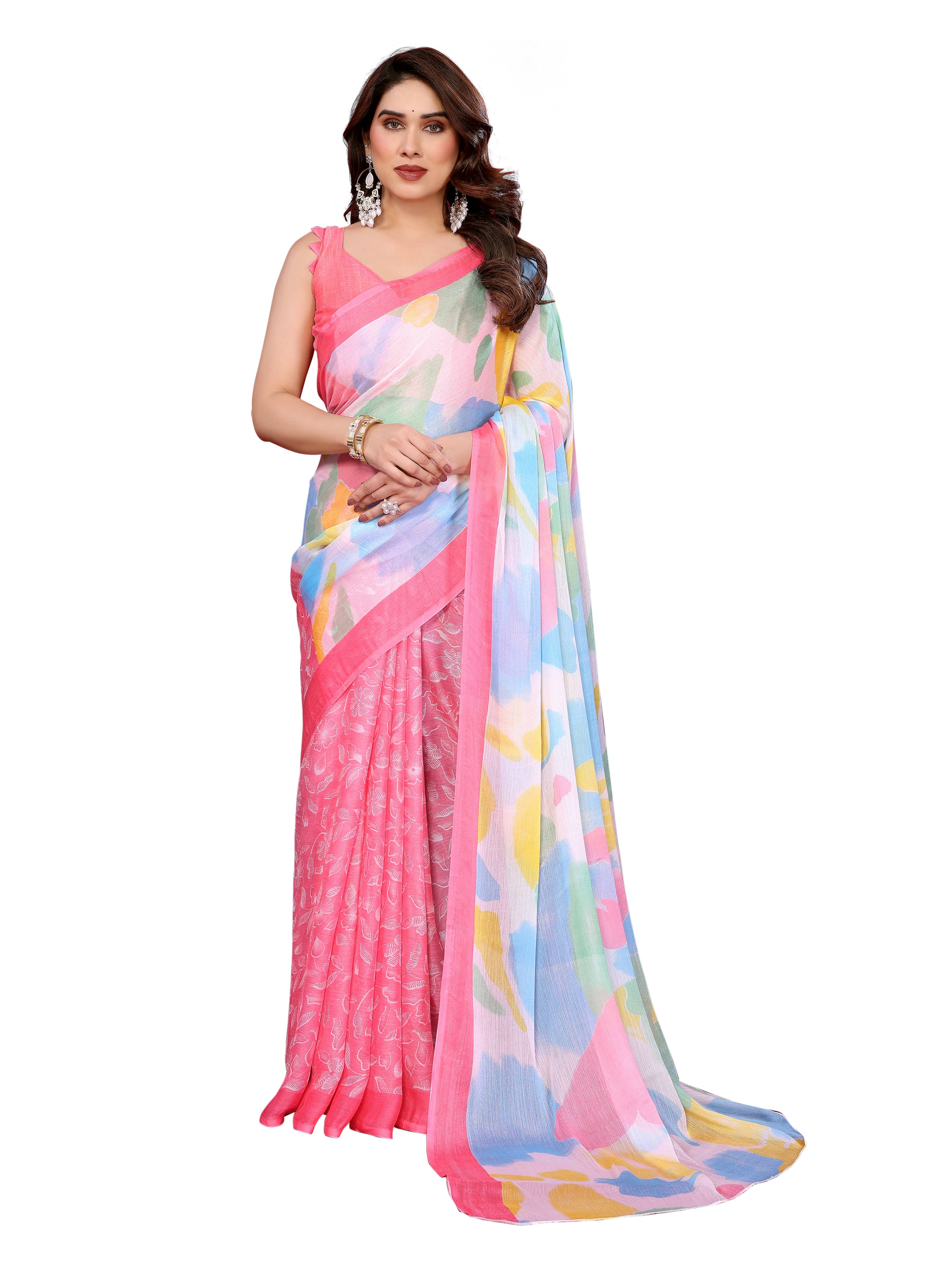     			VEDANT VASTRAM Chiffon Printed Regular Saree With Unstitched Blouse Piece ( Pink )