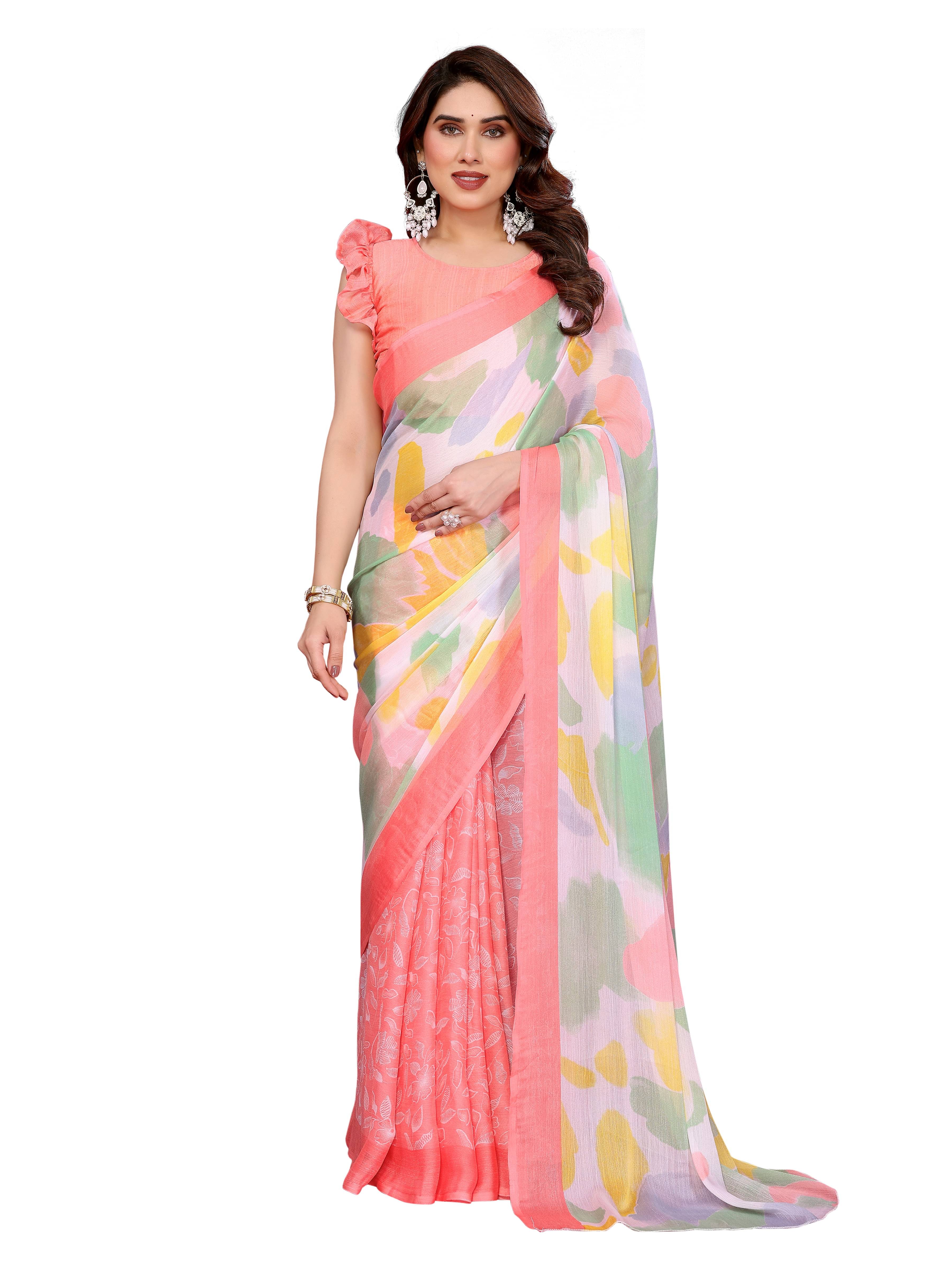     			VEDANT VASTRAM Chiffon Printed Regular Saree With Unstitched Blouse Piece ( Peach )