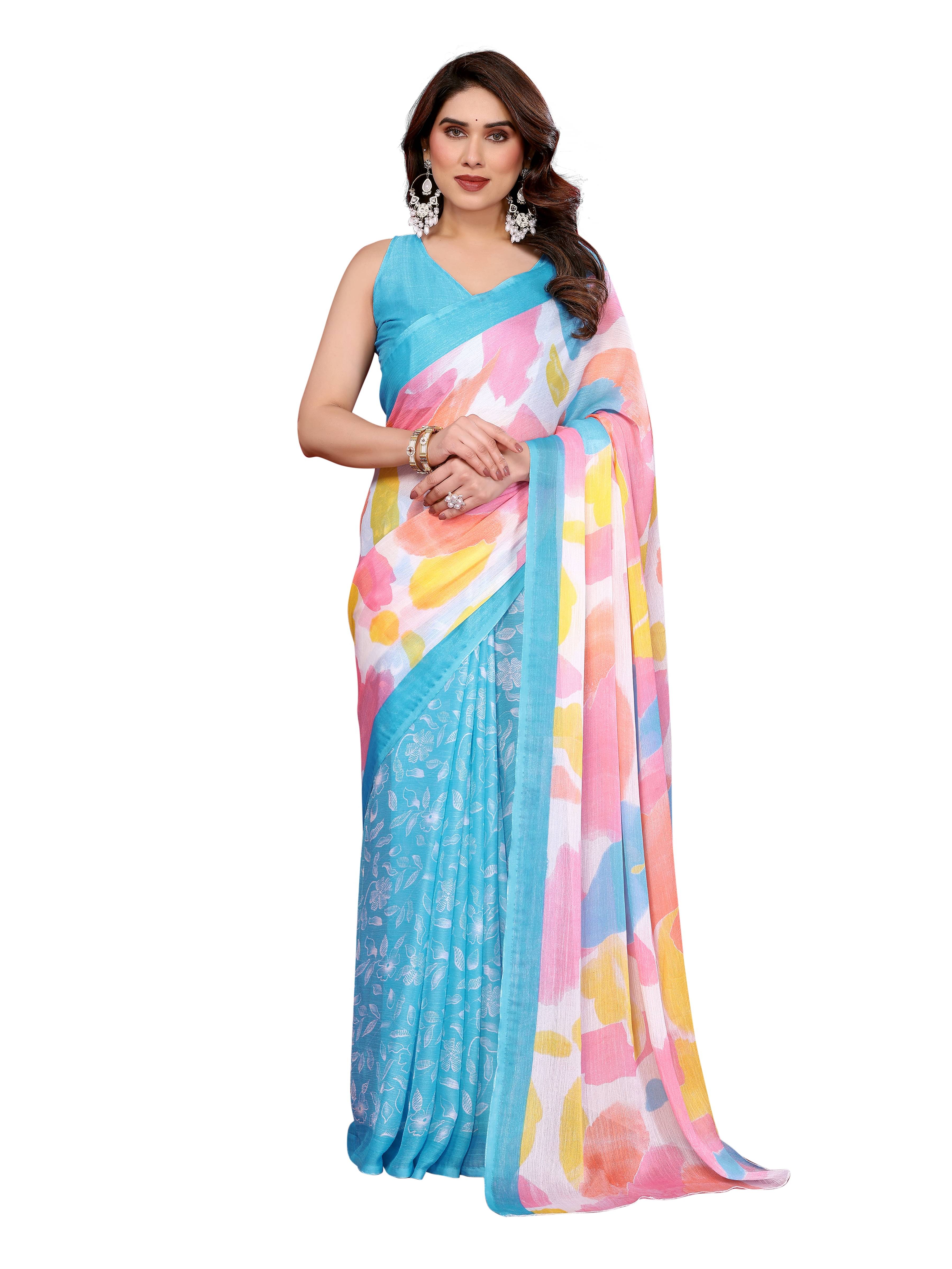     			VEDANT VASTRAM Chiffon Printed Regular Saree With Unstitched Blouse Piece ( Light Blue )