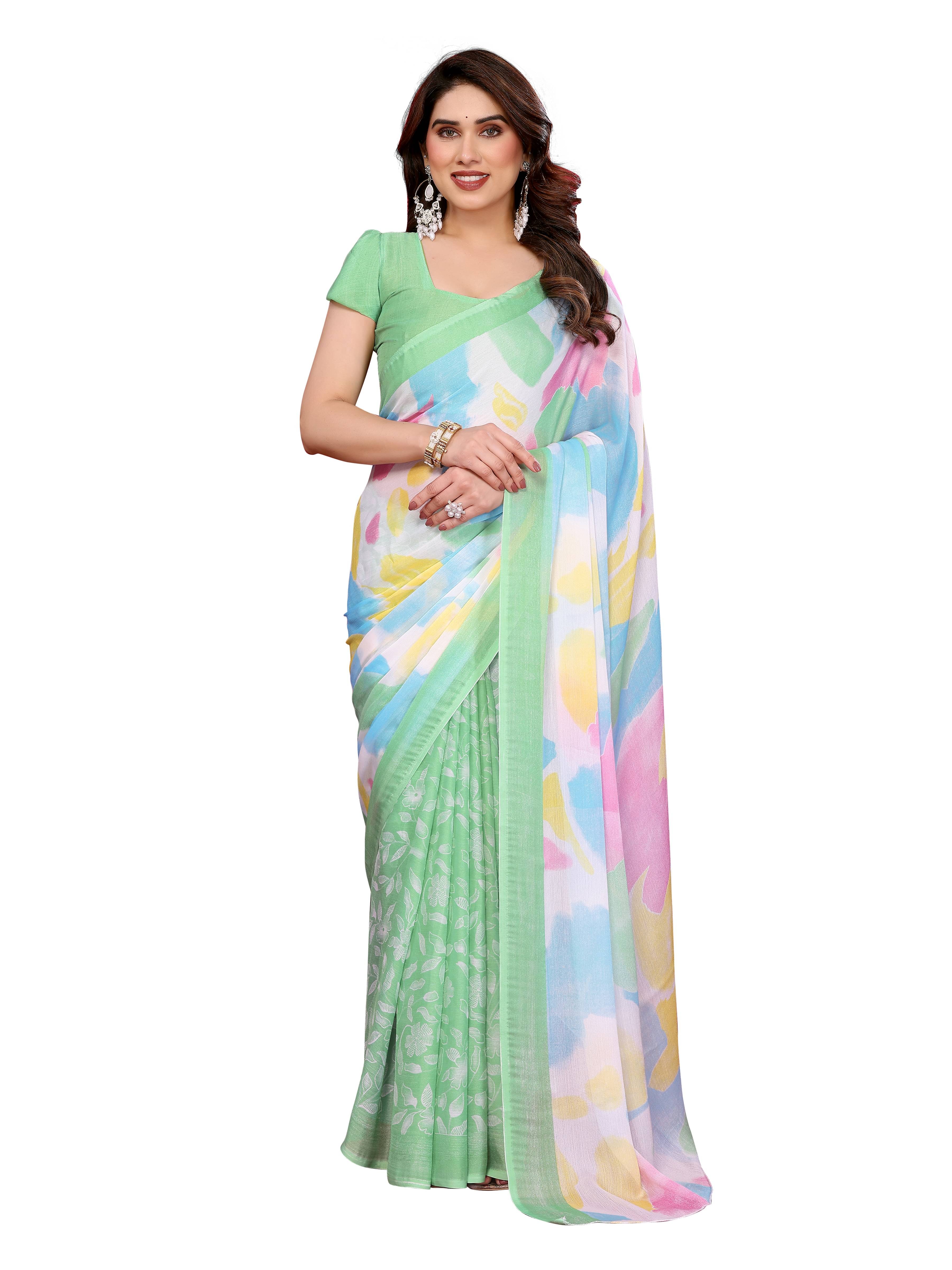     			VEDANT VASTRAM Chiffon Printed Regular Saree With Unstitched Blouse Piece ( Light Green )