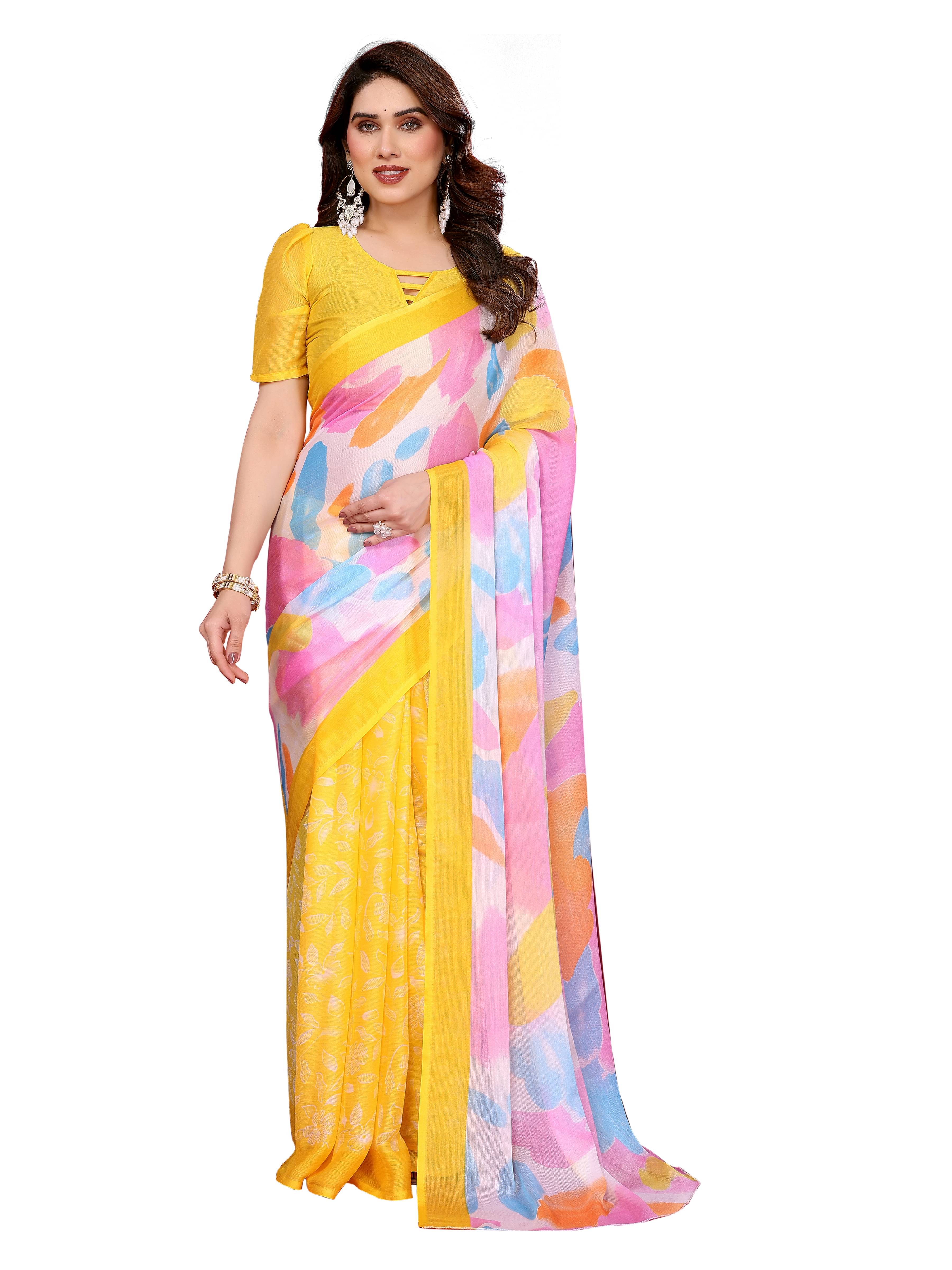     			VEDANT VASTRAM Chiffon Printed Regular Saree With Unstitched Blouse Piece ( Yellow )