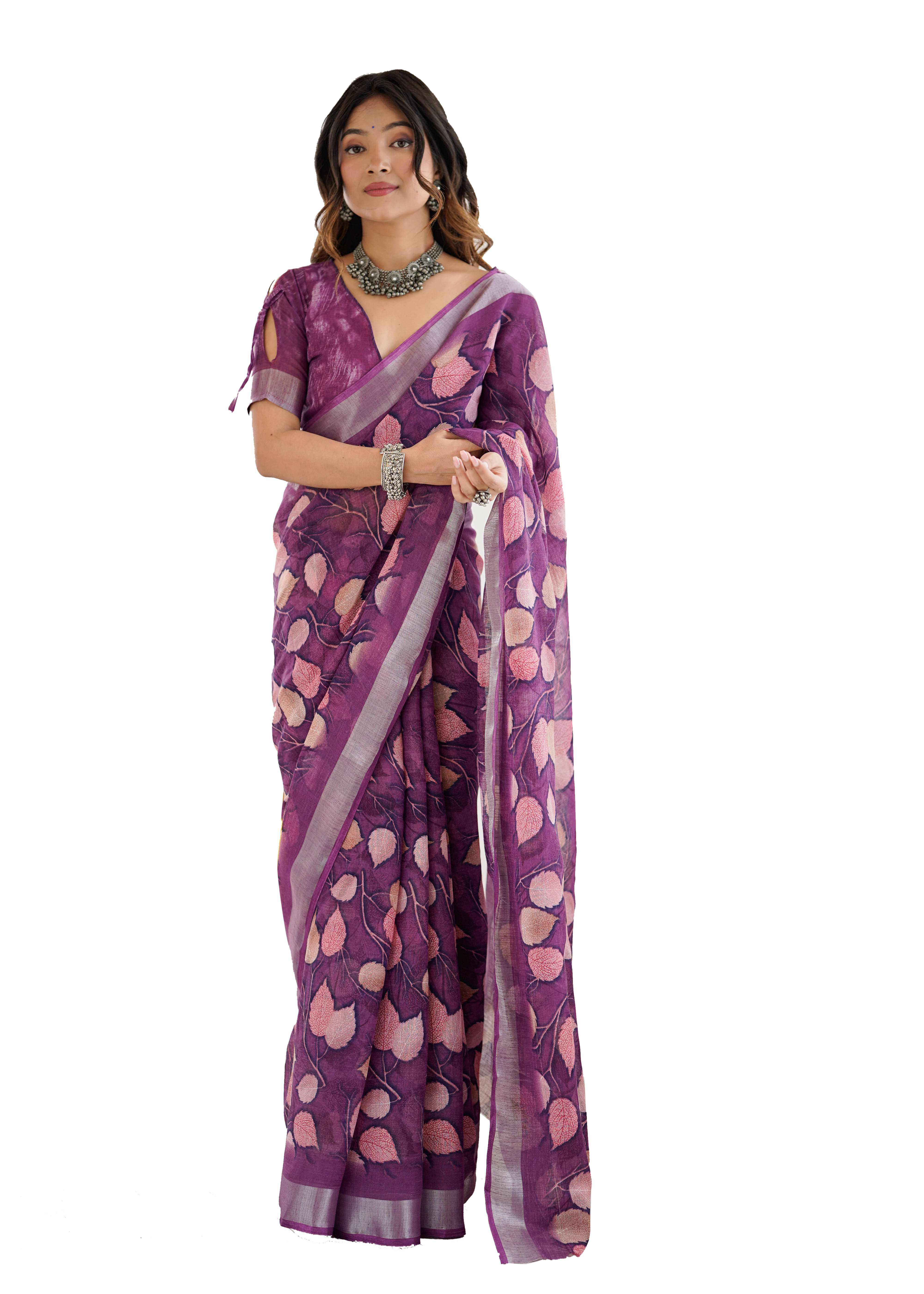     			VEDANT VASTRAM Cotton Blend Printed Regular Saree With Unstitched Blouse Piece ( Purple )