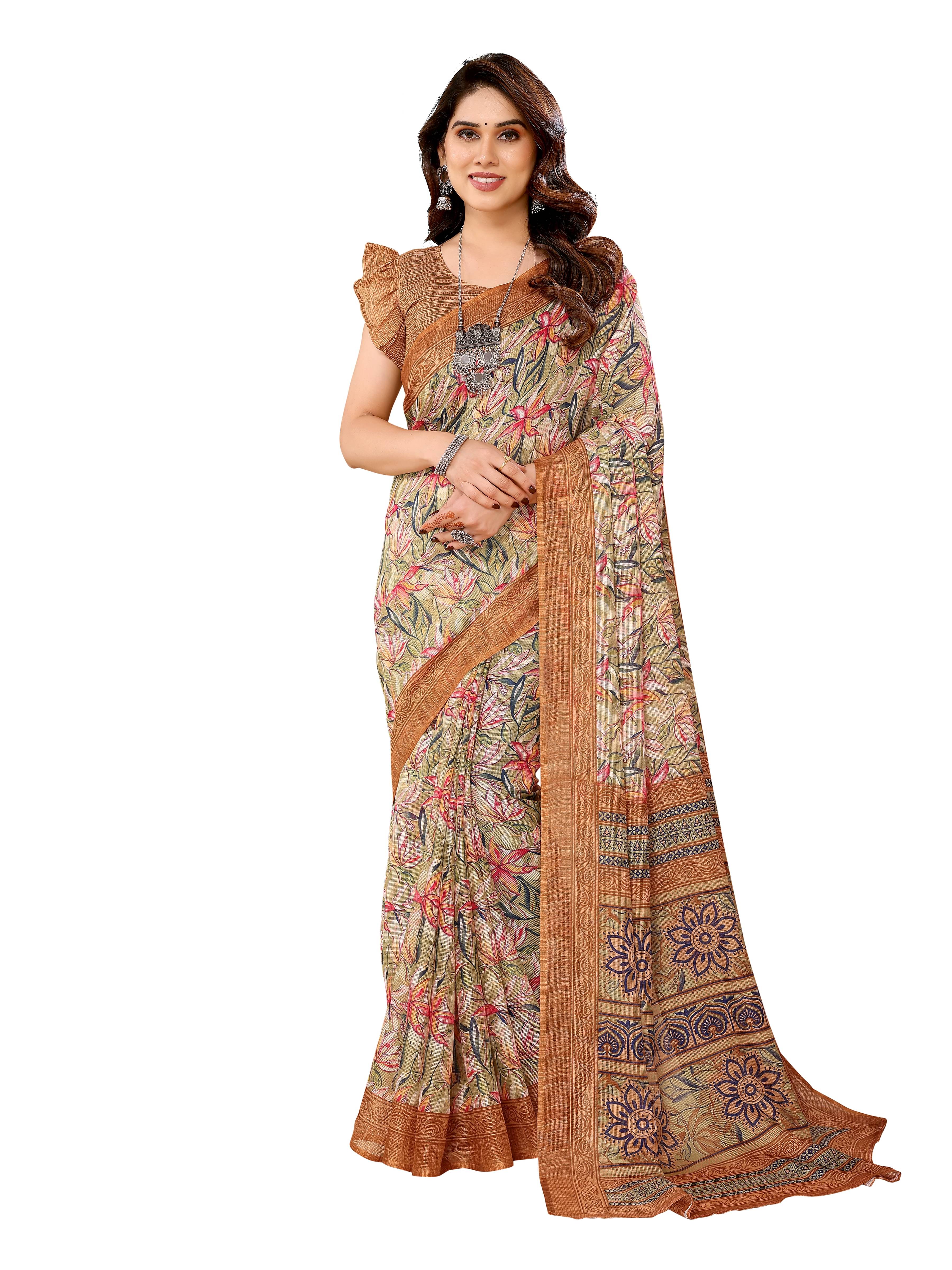 VEDANT VASTRAM Cotton Printed Regular Saree With Unstitched Blouse Piece ( Brown ) VEDANT VASTRAM Cotton Printed Regular Saree With Unstitched Blouse Piece ( Brown )