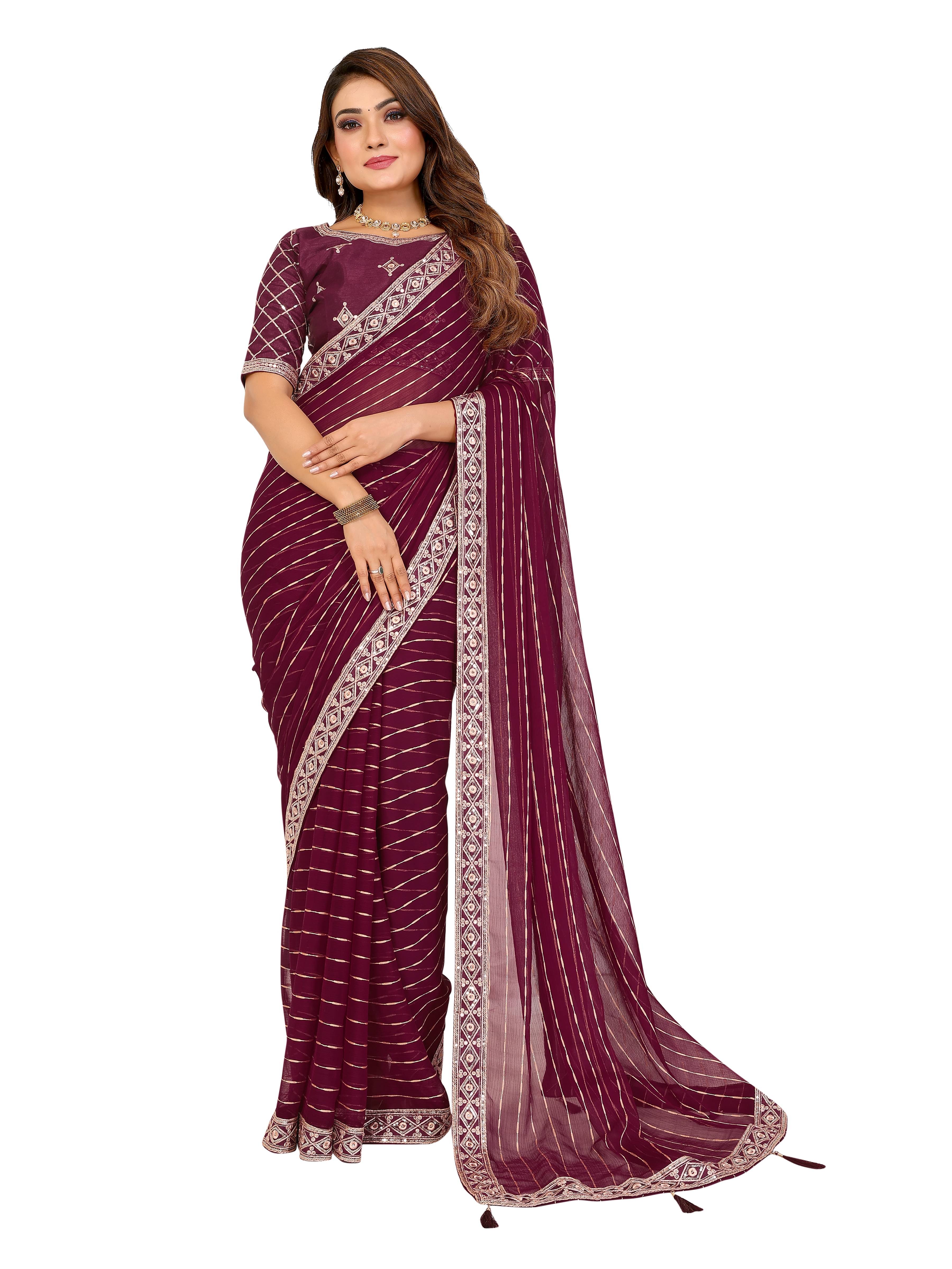 VEDANT VASTRAM Georgette Embroidered Regular Saree With Unstitched Blouse Piece ( Wine ) VEDANT VASTRAM Georgette Embroidered Regular Saree With Unstitched Blouse Piece ( Wine )