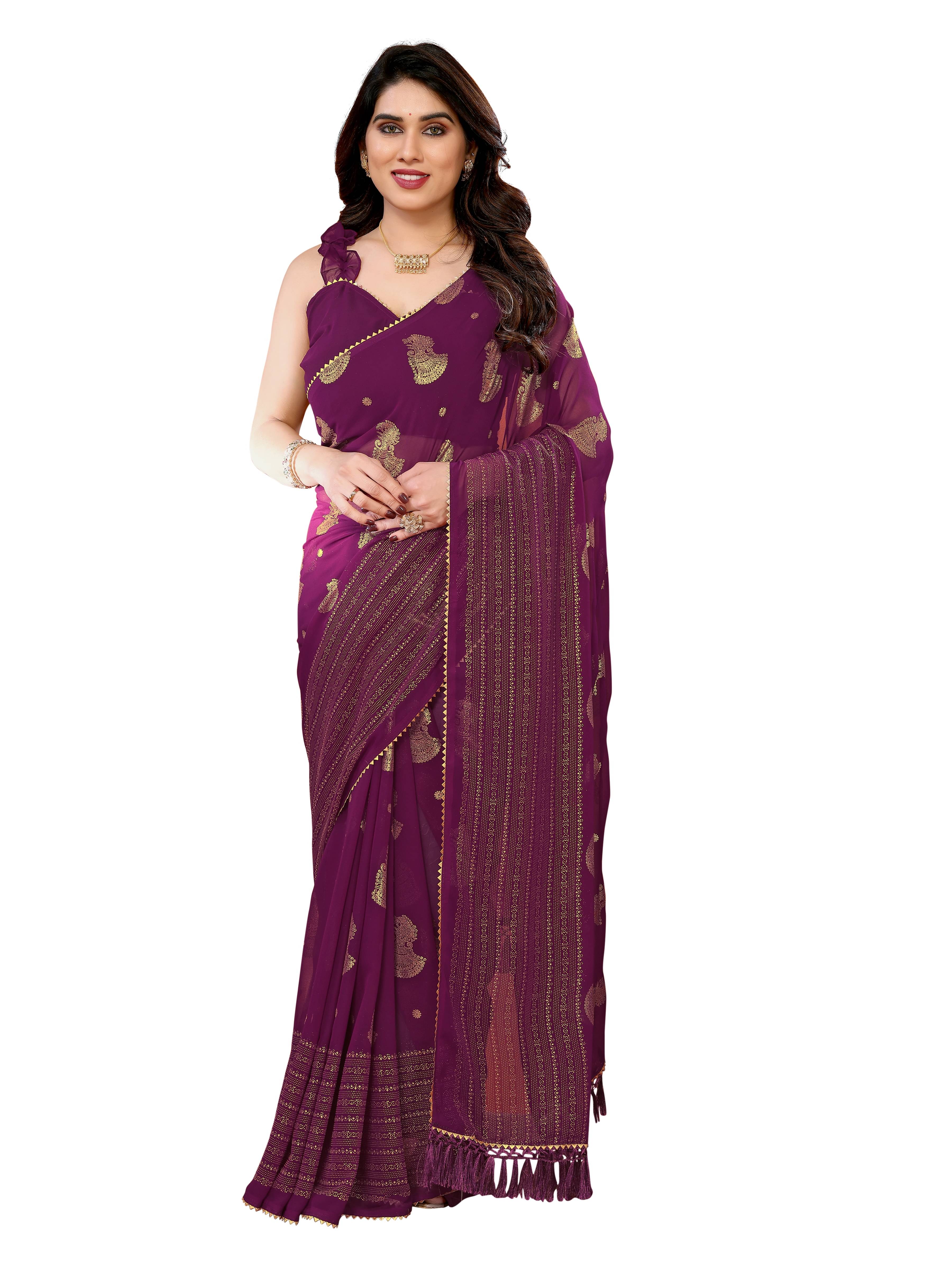 VEDANT VASTRAM Georgette Printed Regular Saree With Unstitched Blouse Piece ( Wine )     			VEDANT VASTRAM Georgette Printed Regular Saree With Unstitched Blouse Piece ( Wine )