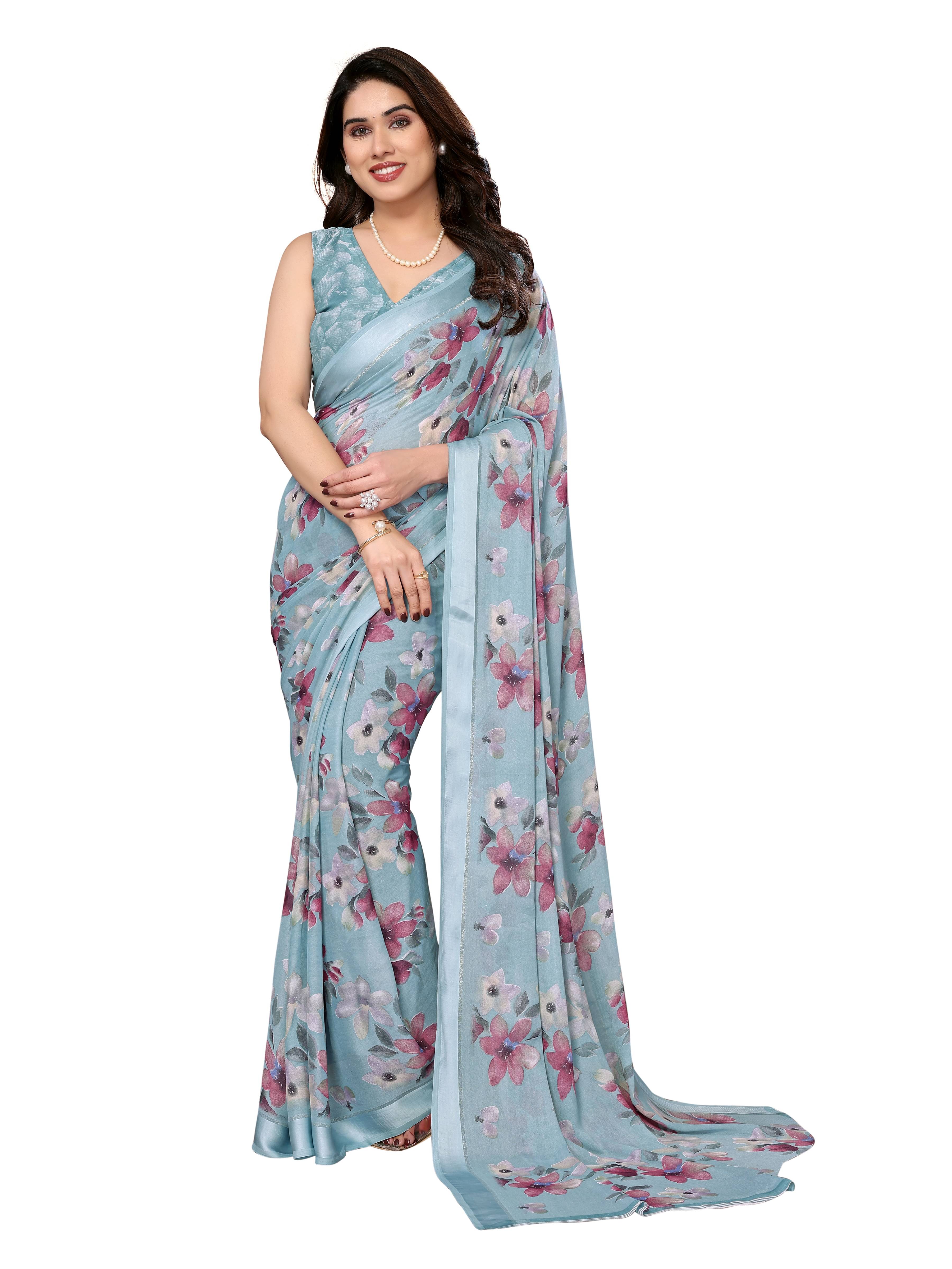    			VEDANT VASTRAM Georgette Printed Regular Saree With Unstitched Blouse Piece ( Aqua Blue )