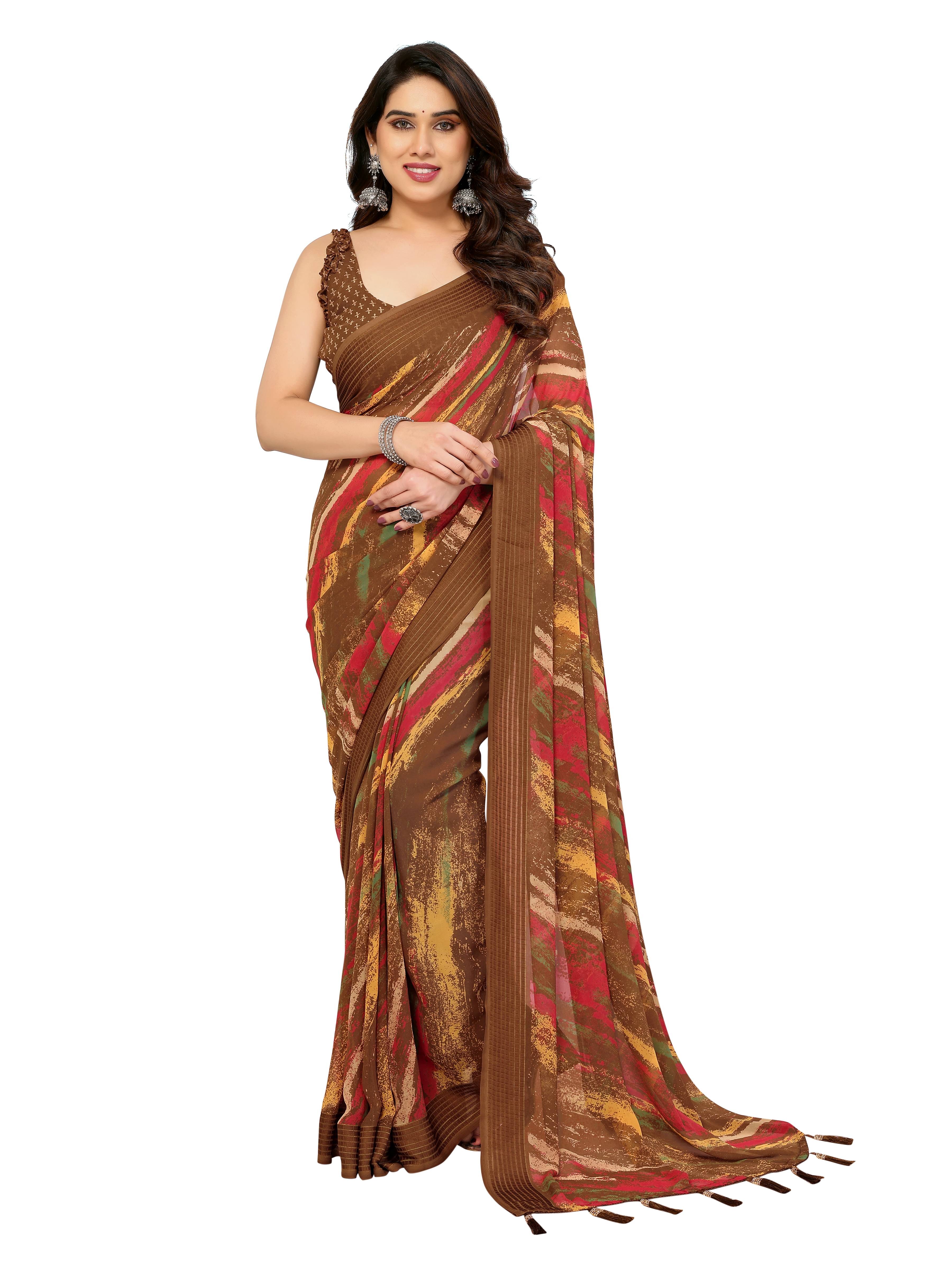 VEDANT VASTRAM Georgette Printed Regular Saree With Unstitched Blouse Piece ( Brown ) VEDANT VASTRAM Georgette Printed Regular Saree With Unstitched Blouse Piece ( Brown )