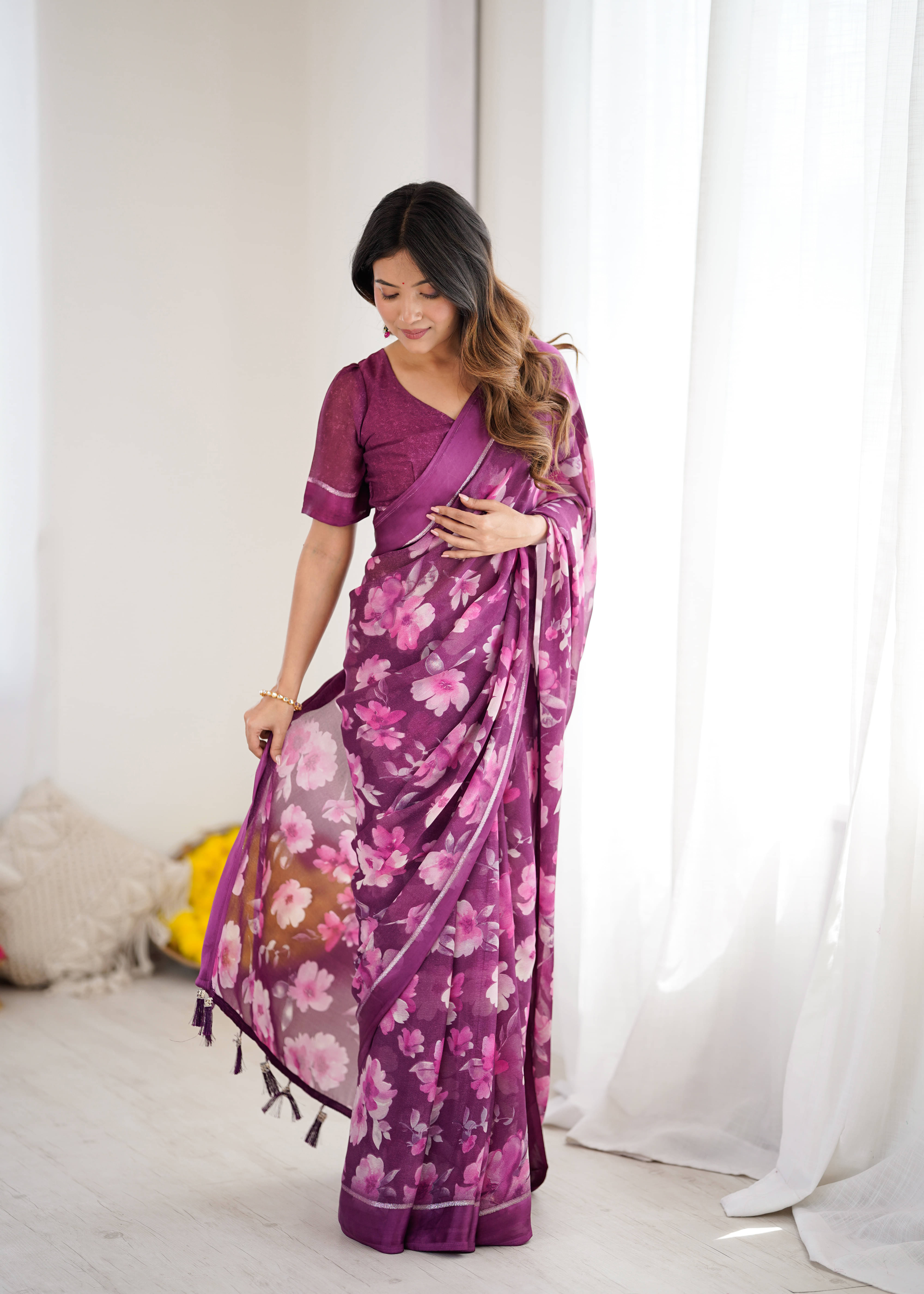     			VEDANT VASTRAM Georgette Printed Regular Saree With Unstitched Blouse Piece ( Magenta )