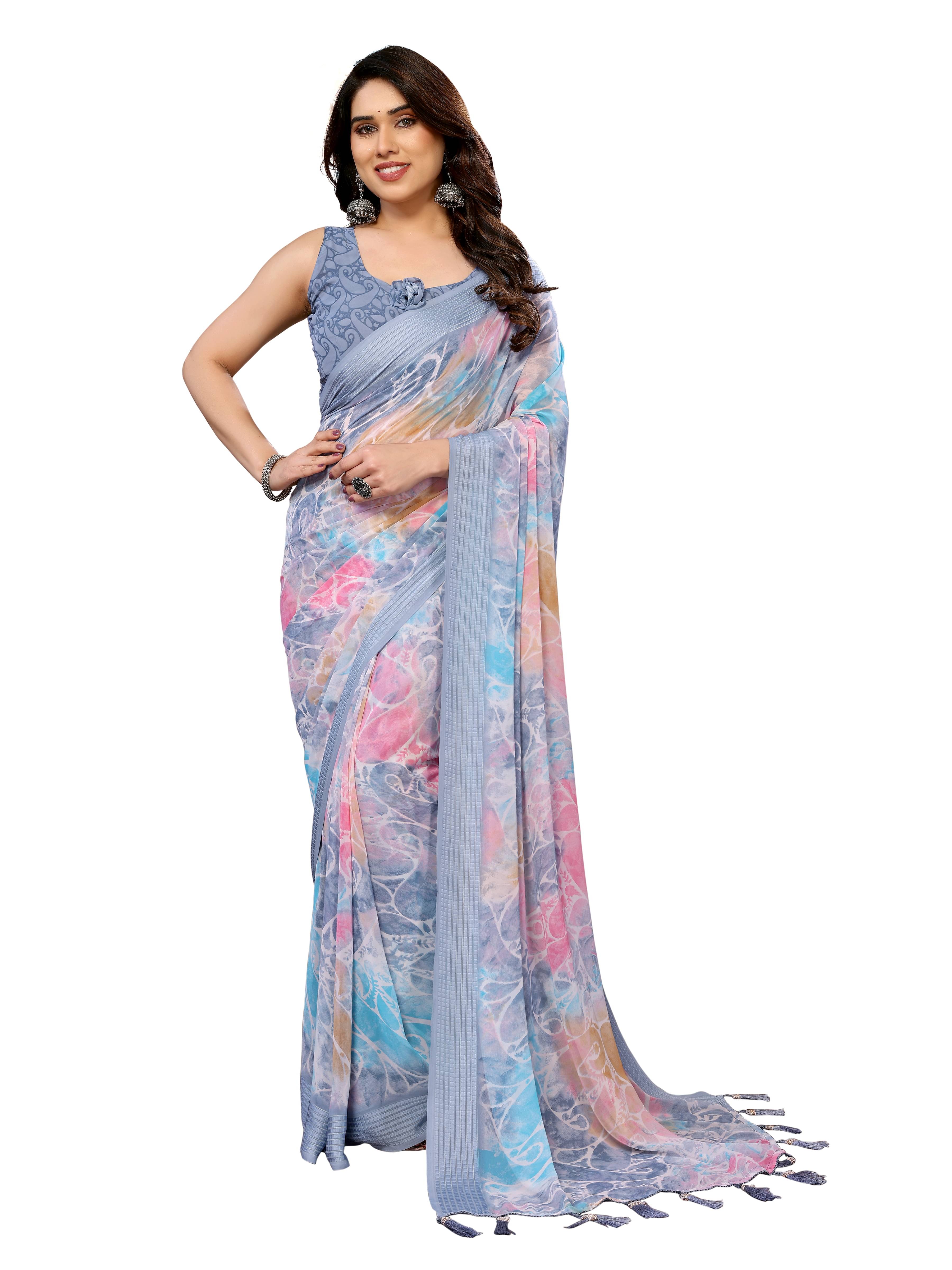 VEDANT VASTRAM Georgette Printed Regular Saree With Unstitched Blouse Piece ( Grey ) VEDANT VASTRAM Georgette Printed Regular Saree With Unstitched Blouse Piece ( Grey )