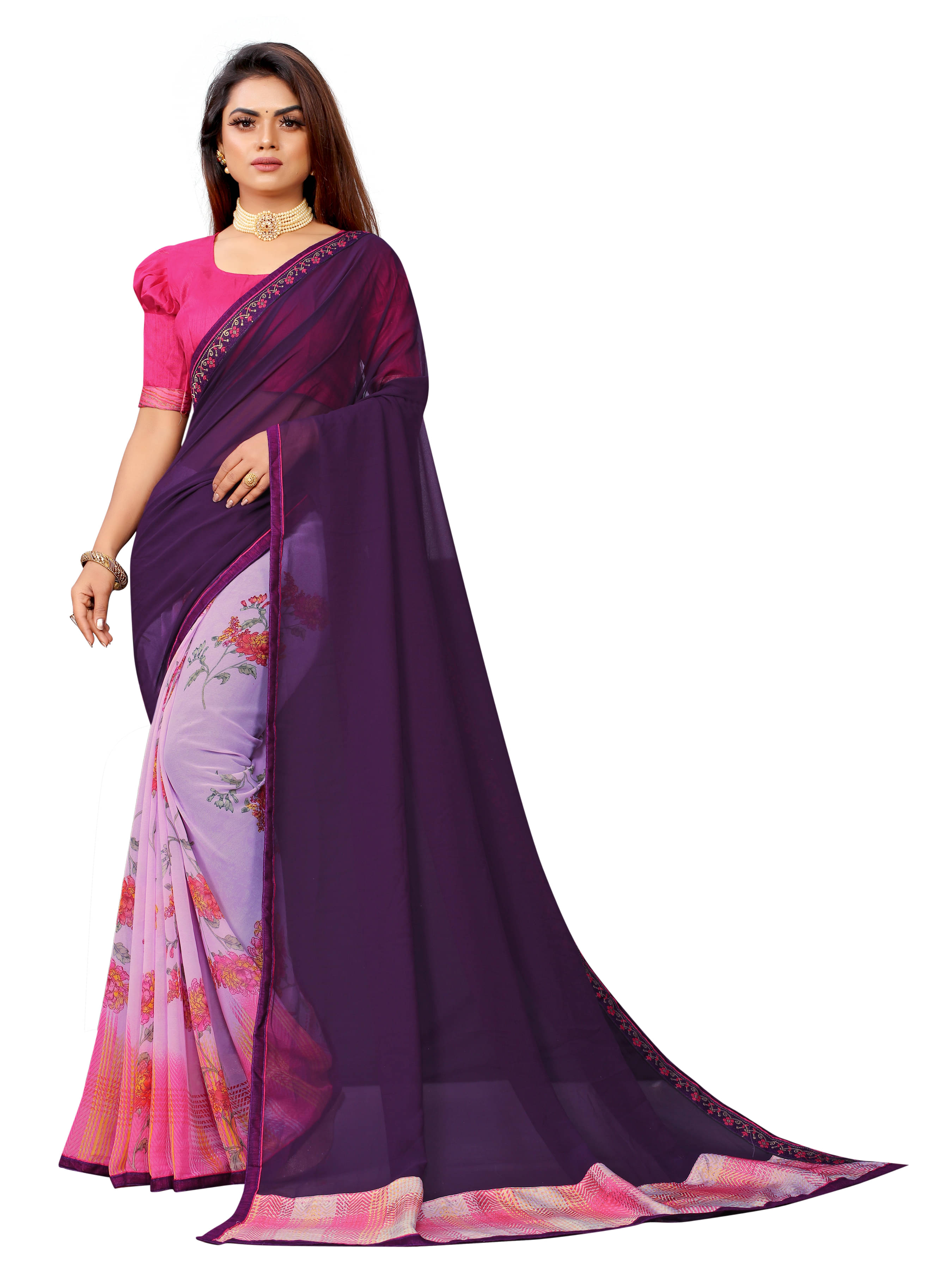     			VEDANT VASTRAM Georgette Printed Regular Saree With Unstitched Blouse Piece ( Purple )