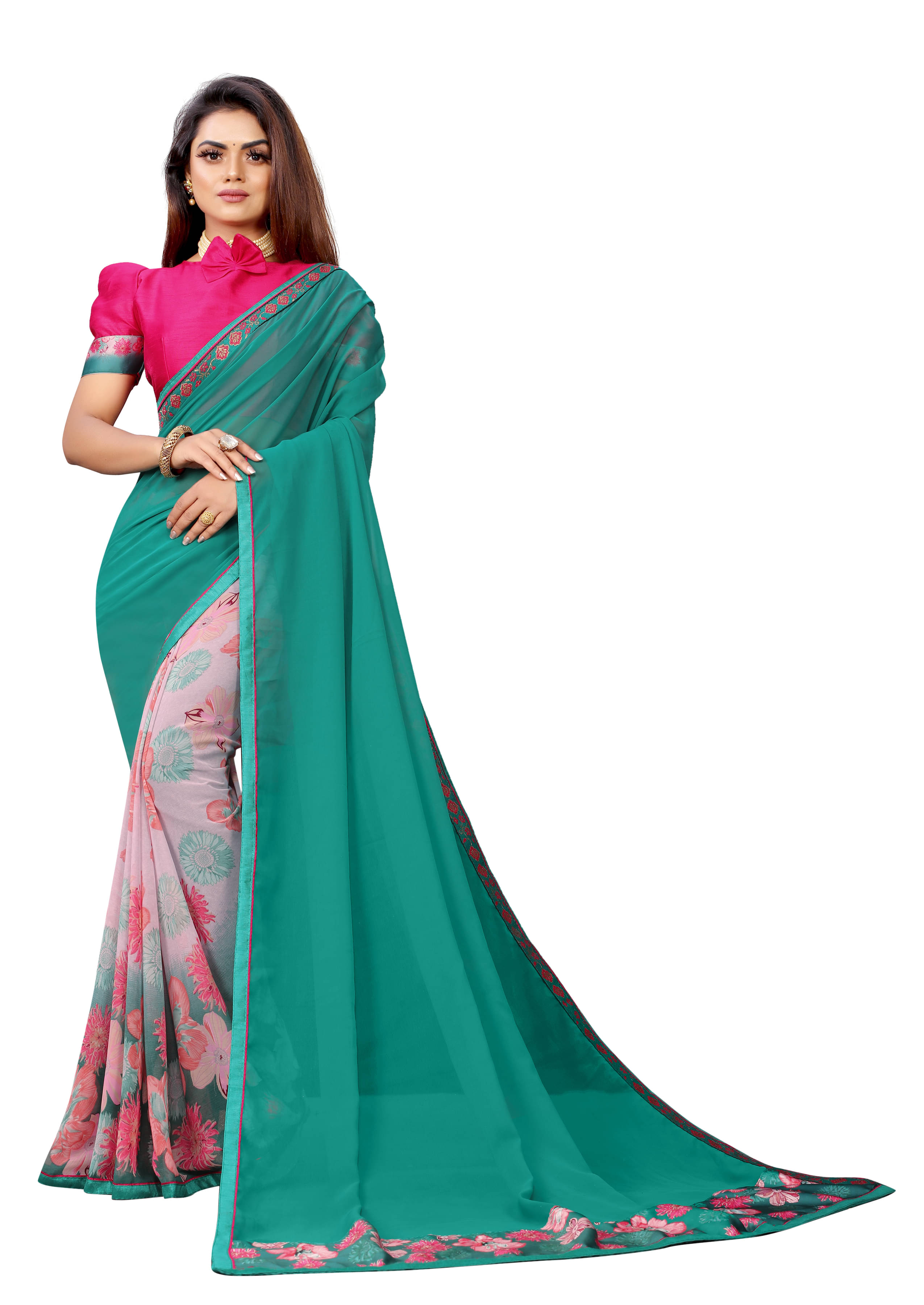 VEDANT VASTRAM Georgette Printed Regular Saree With Unstitched Blouse Piece ( Turquoise )     			VEDANT VASTRAM Georgette Printed Regular Saree With Unstitched Blouse Piece ( Turquoise )