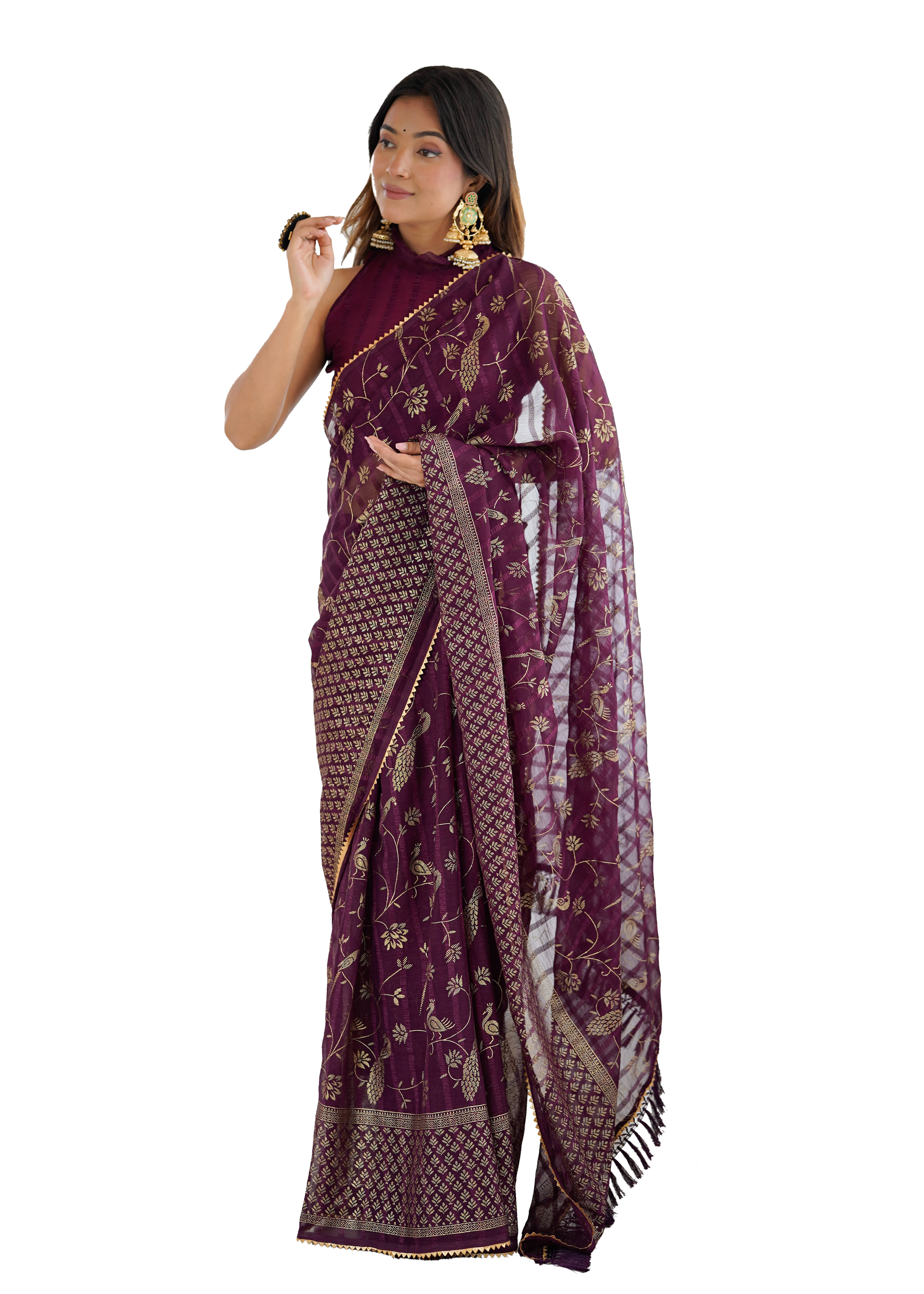 VEDANT VASTRAM Georgette Printed Regular Saree With Unstitched Blouse Piece ( Wine ) VEDANT VASTRAM Georgette Printed Regular Saree With Unstitched Blouse Piece ( Wine )