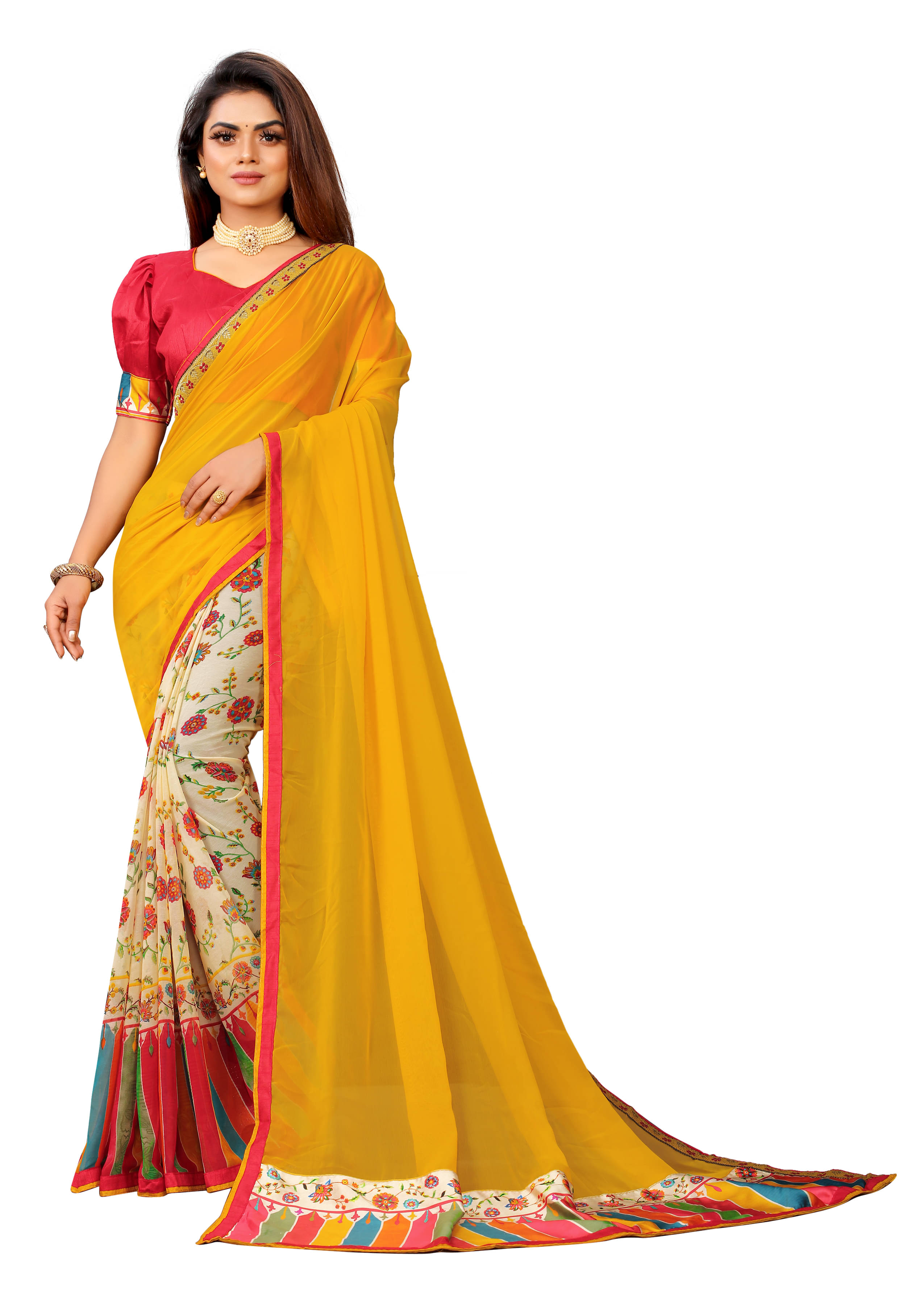     			VEDANT VASTRAM Georgette Printed Regular Saree With Unstitched Blouse Piece ( Yellow )