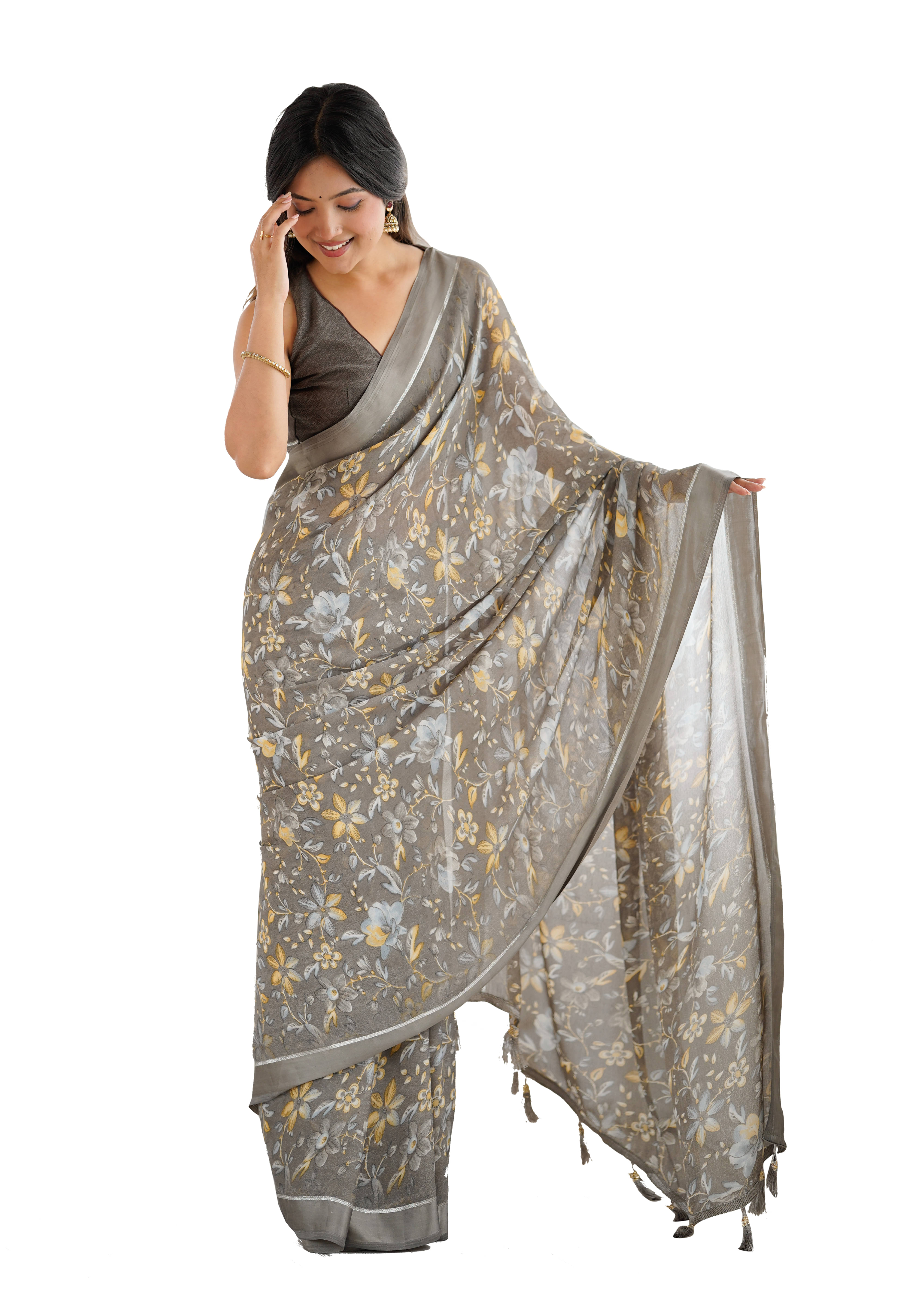 VEDANT VASTRAM Georgette Printed Regular Saree With Unstitched Blouse Piece ( Grey )     			VEDANT VASTRAM Georgette Printed Regular Saree With Unstitched Blouse Piece ( Grey )