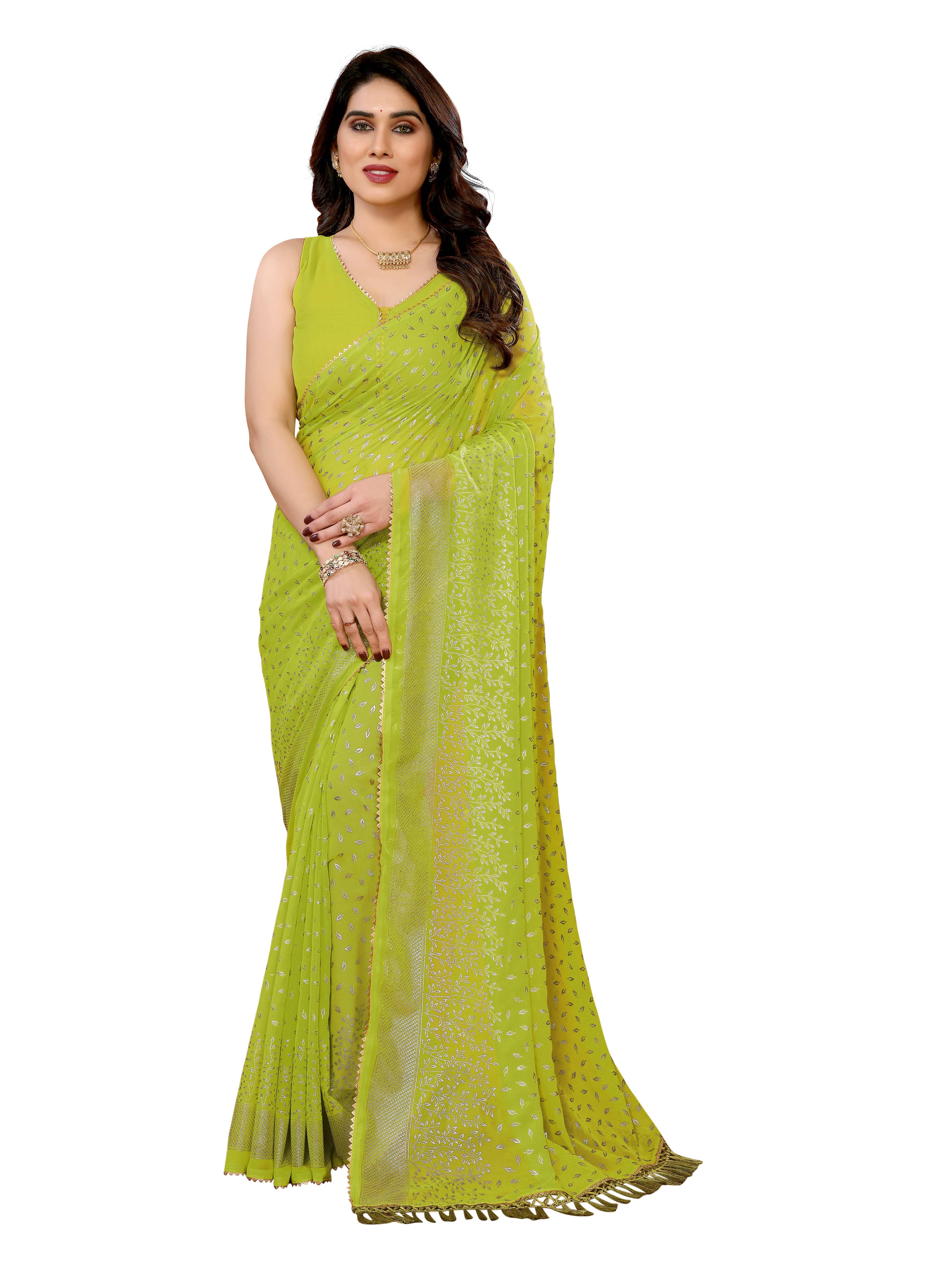 VEDANT VASTRAM Georgette Printed Regular Saree With Unstitched Blouse Piece ( Light Green ) VEDANT VASTRAM Georgette Printed Regular Saree With Unstitched Blouse Piece ( Light Green )