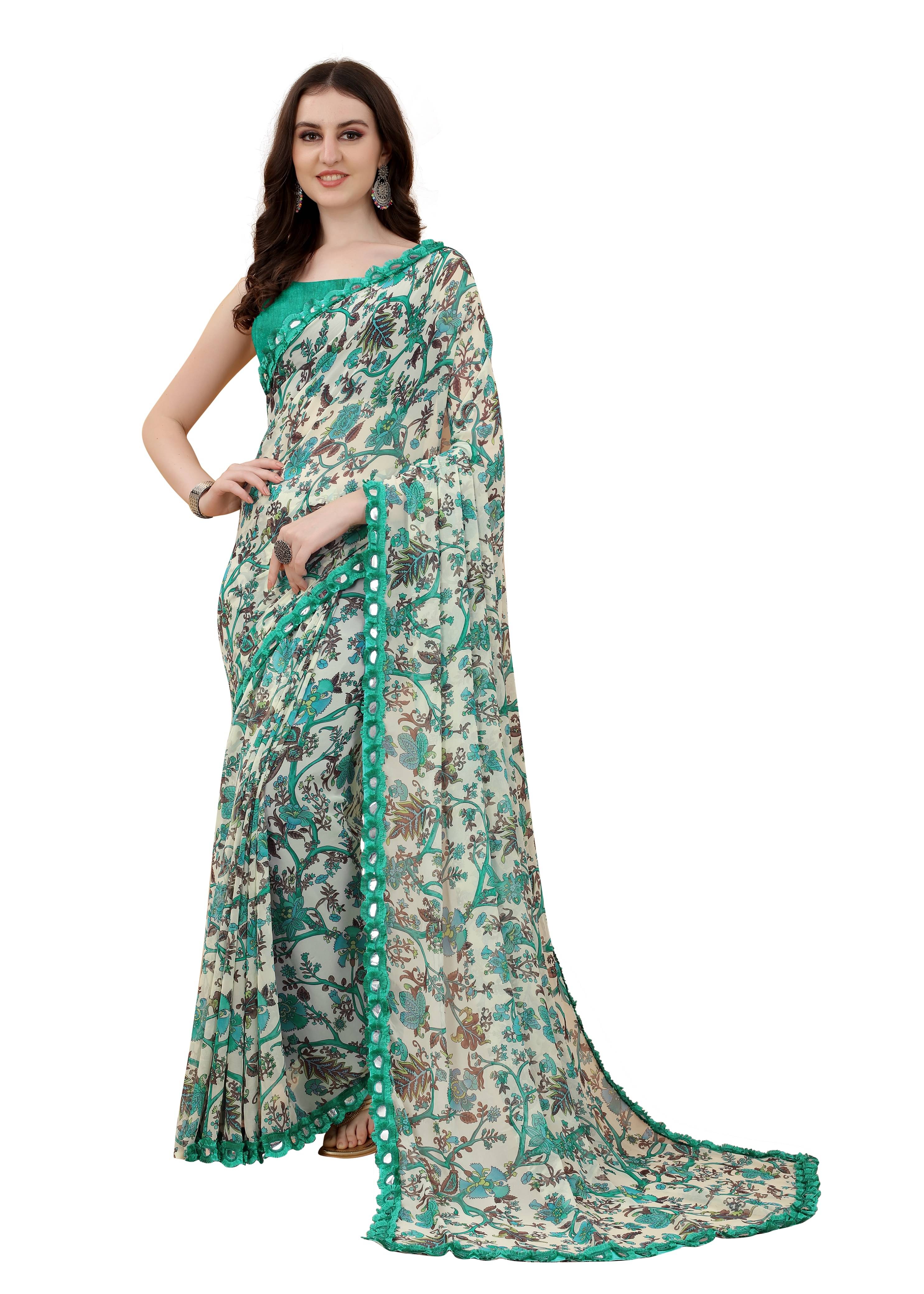 VEDANT VASTRAM Georgette Printed Regular Saree With Unstitched Blouse Piece ( Cream ) VEDANT VASTRAM Georgette Printed Regular Saree With Unstitched Blouse Piece ( Cream )
