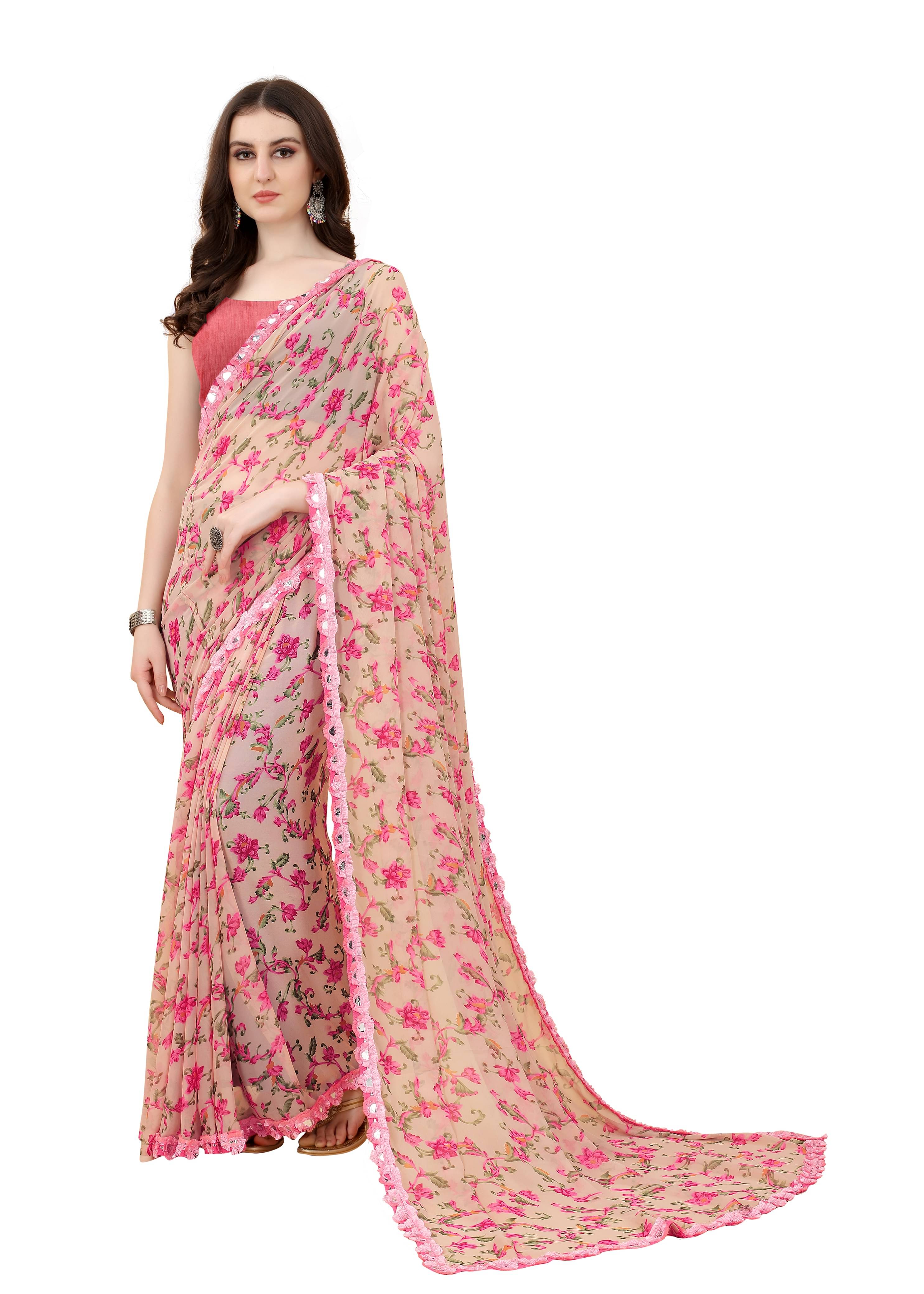 VEDANT VASTRAM Georgette Printed Regular Saree With Unstitched Blouse Piece ( Pink )     			VEDANT VASTRAM Georgette Printed Regular Saree With Unstitched Blouse Piece ( Pink )
