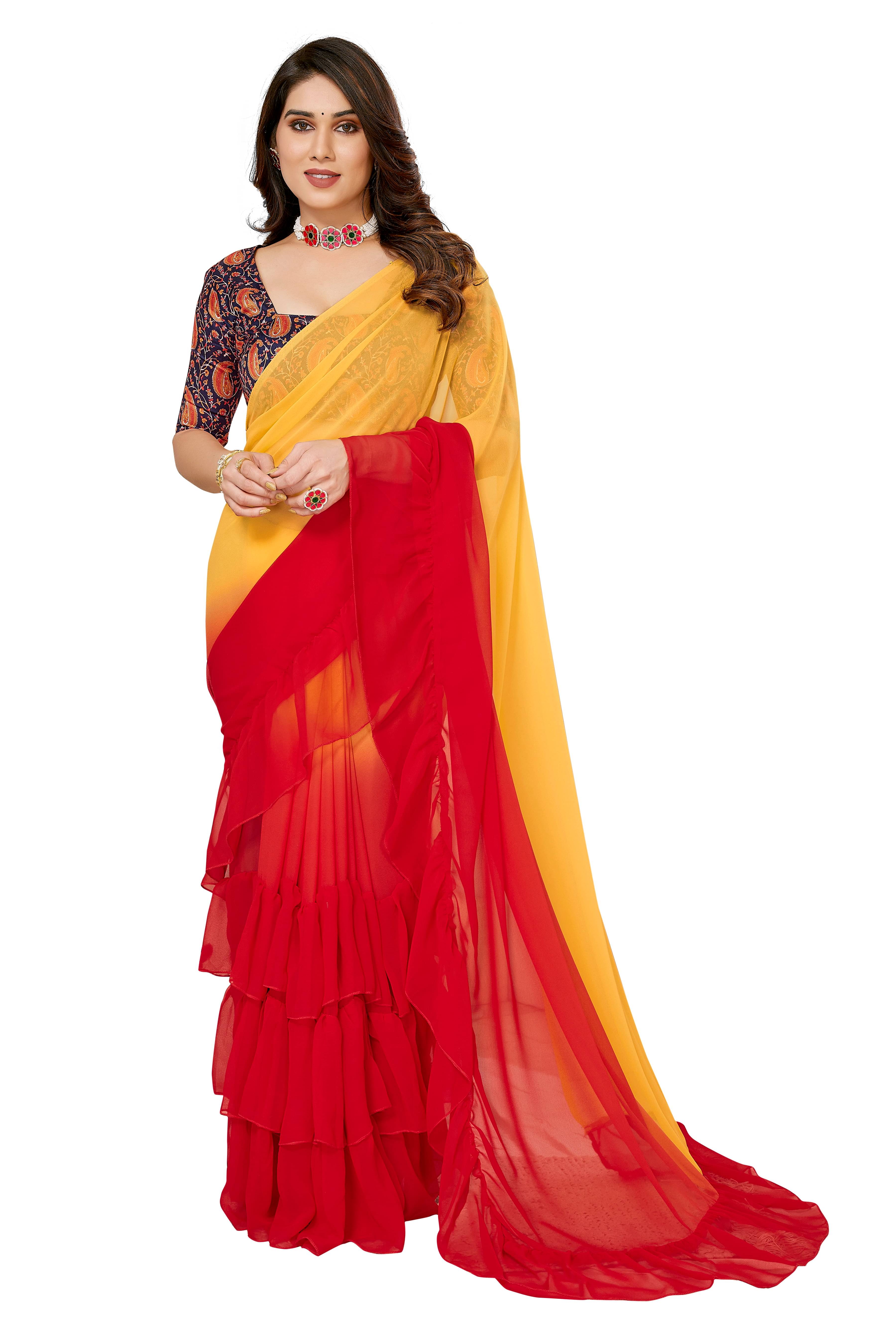 VEDANT VASTRAM Georgette Printed Regular Saree With Unstitched Blouse Piece ( Red )     			VEDANT VASTRAM Georgette Printed Regular Saree With Unstitched Blouse Piece ( Red )