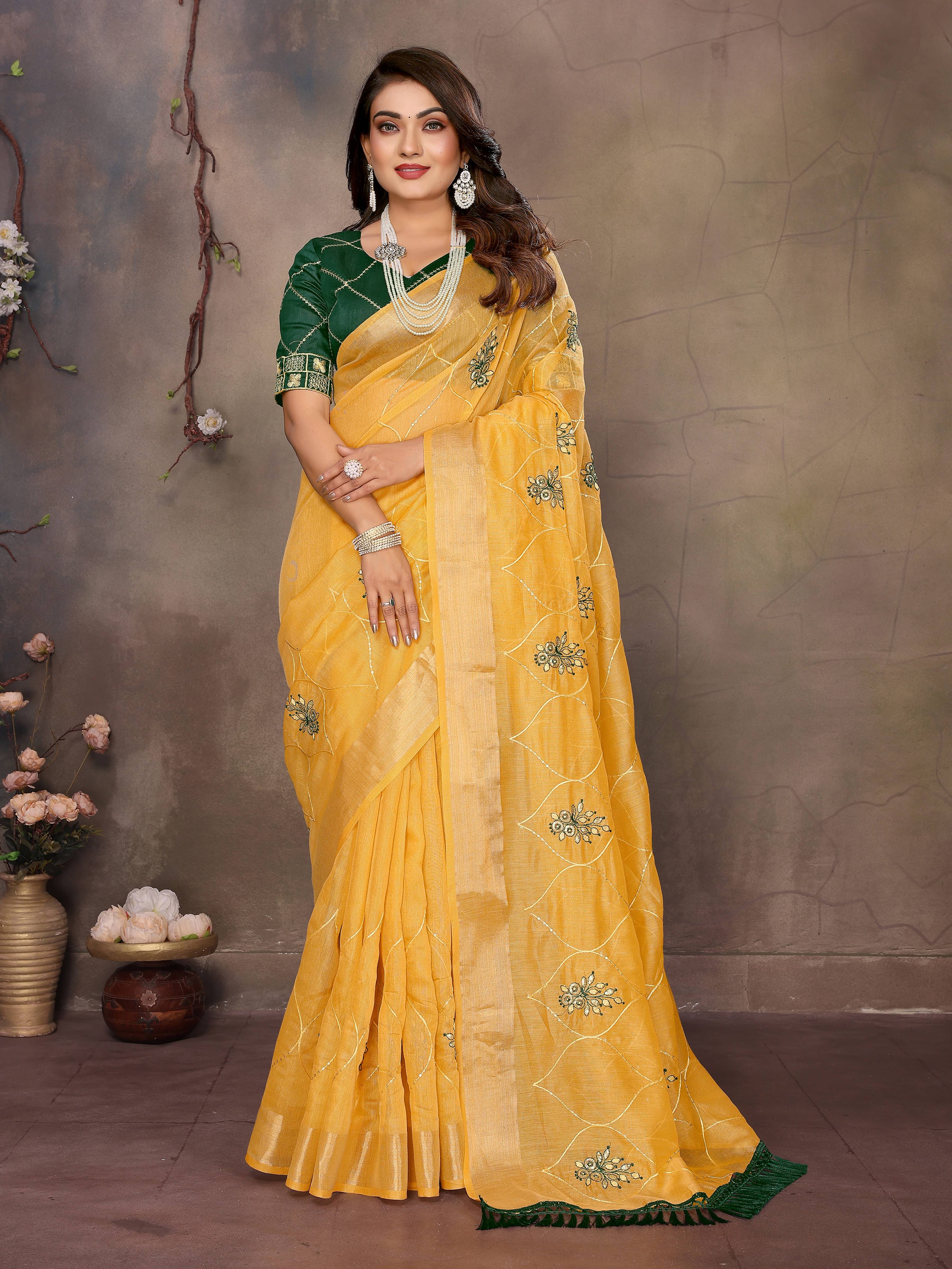     			VEDANT VASTRAM Net Embroidered Regular Saree With Unstitched Blouse Piece ( Mustard )