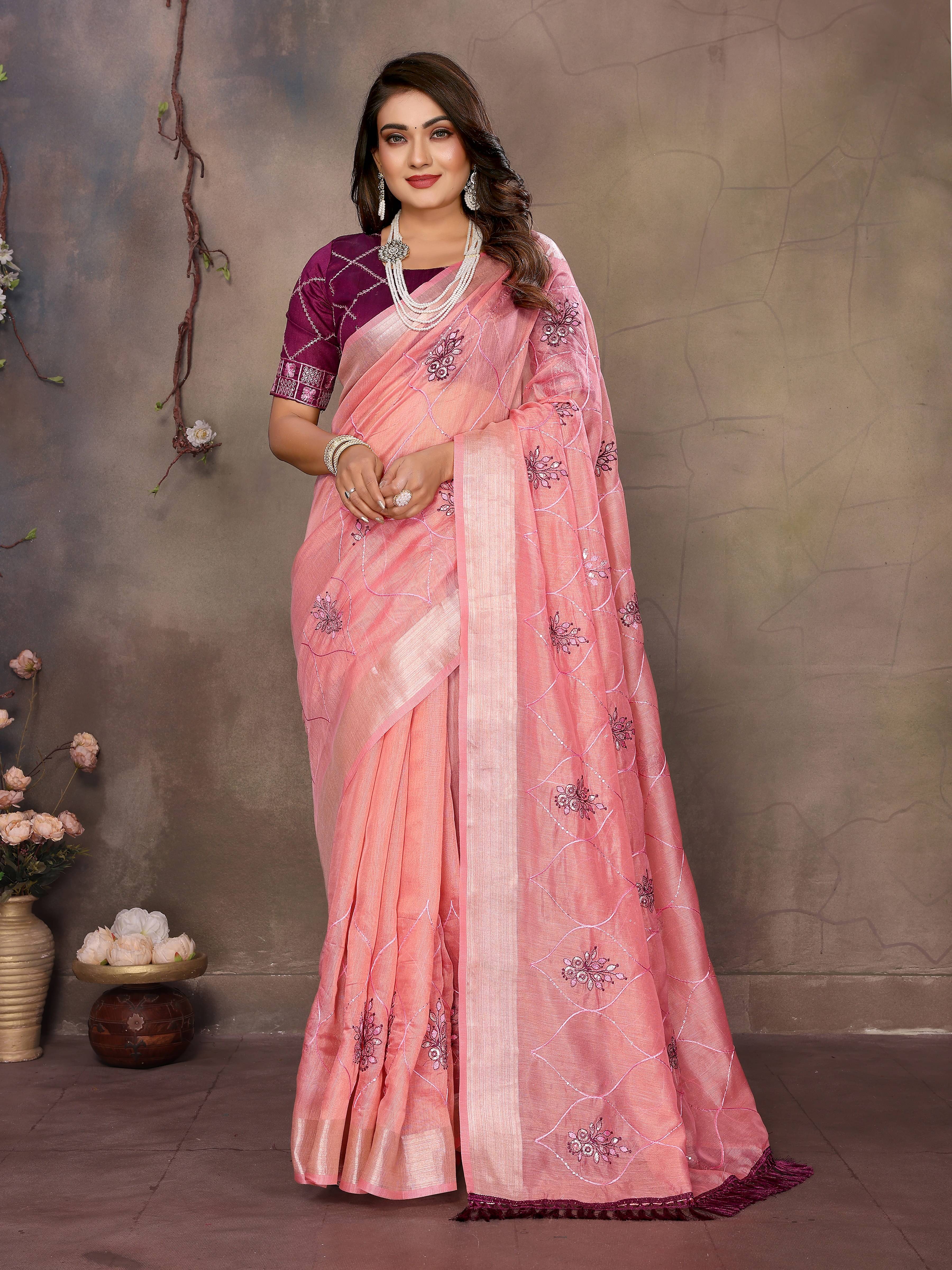 VEDANT VASTRAM Net Embroidered Regular Saree With Unstitched Blouse Piece ( Peach ) VEDANT VASTRAM Net Embroidered Regular Saree With Unstitched Blouse Piece ( Peach )