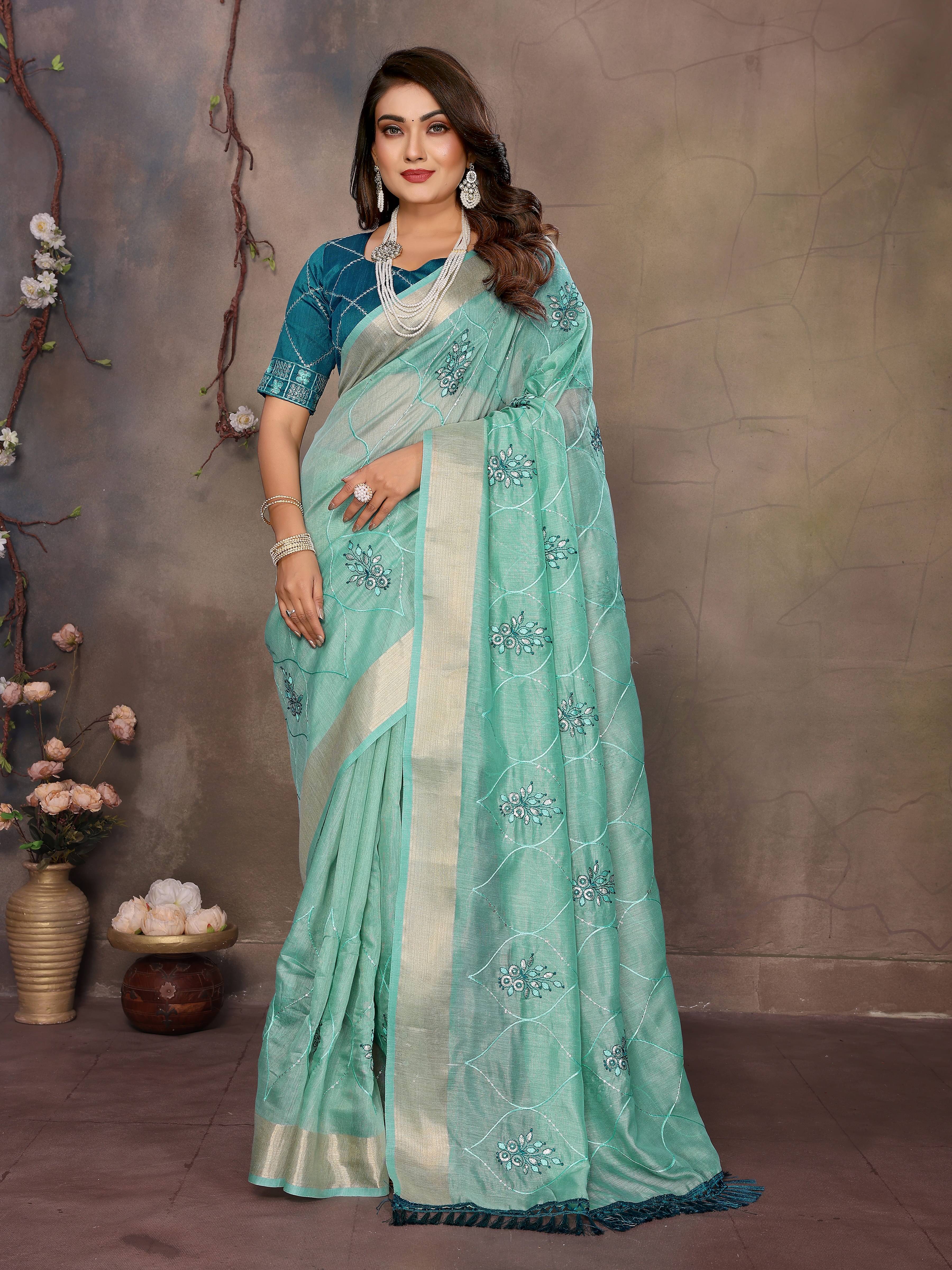     			VEDANT VASTRAM Net Embroidered Regular Saree With Unstitched Blouse Piece ( Turquoise )