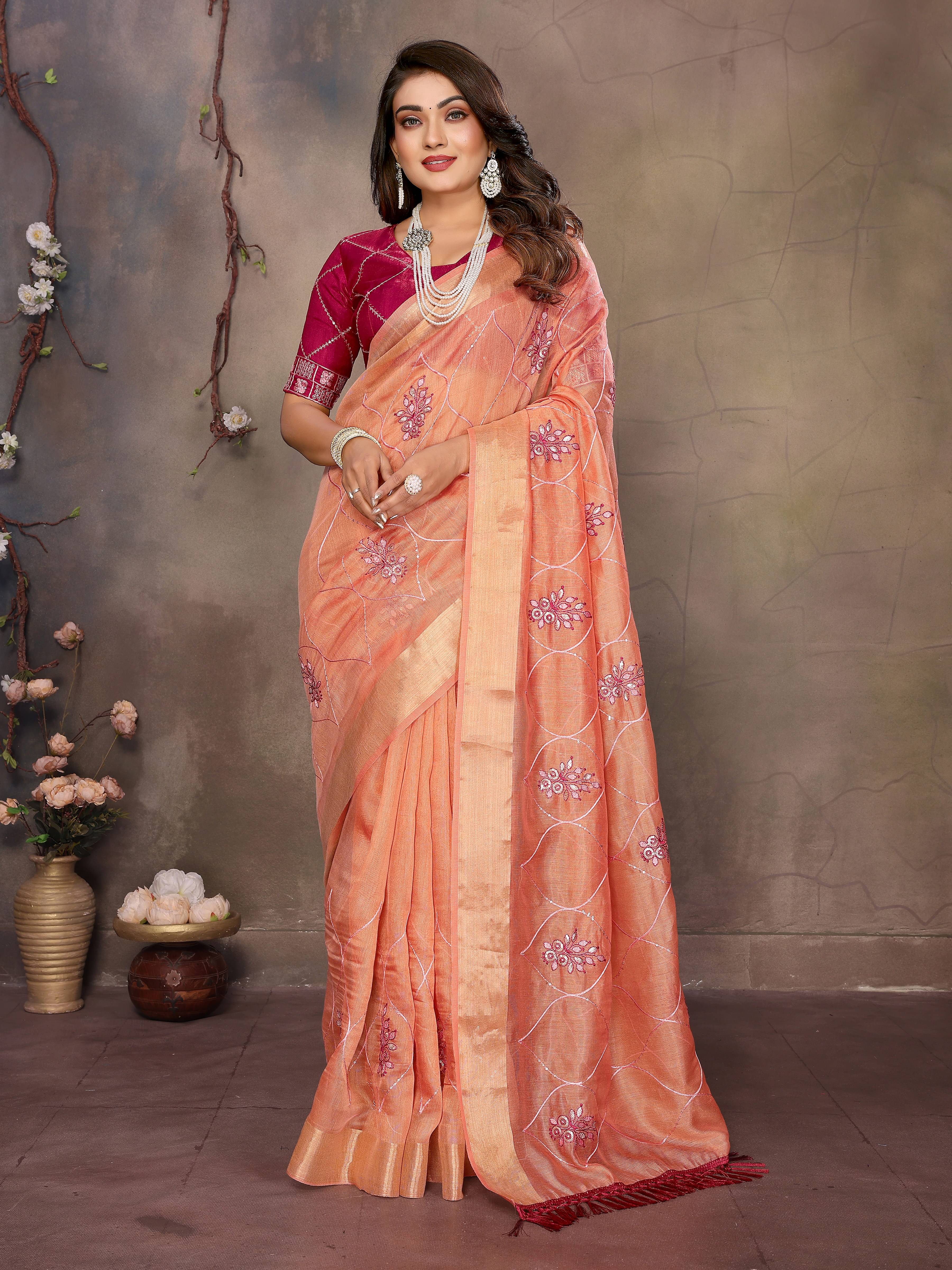     			VEDANT VASTRAM Net Embroidered Regular Saree With Unstitched Blouse Piece ( Orange )