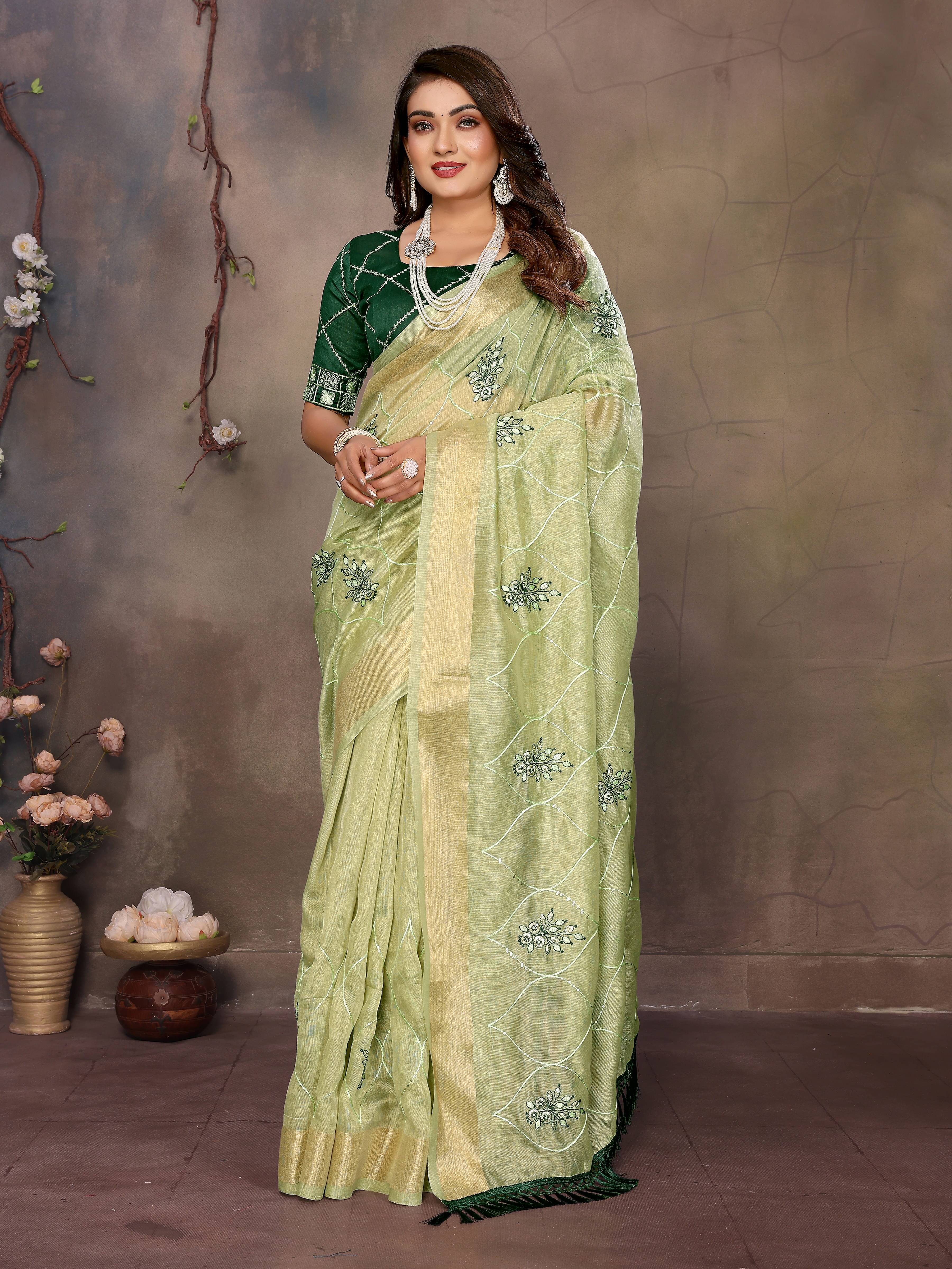     			VEDANT VASTRAM Net Embroidered Regular Saree With Unstitched Blouse Piece ( Light Green )
