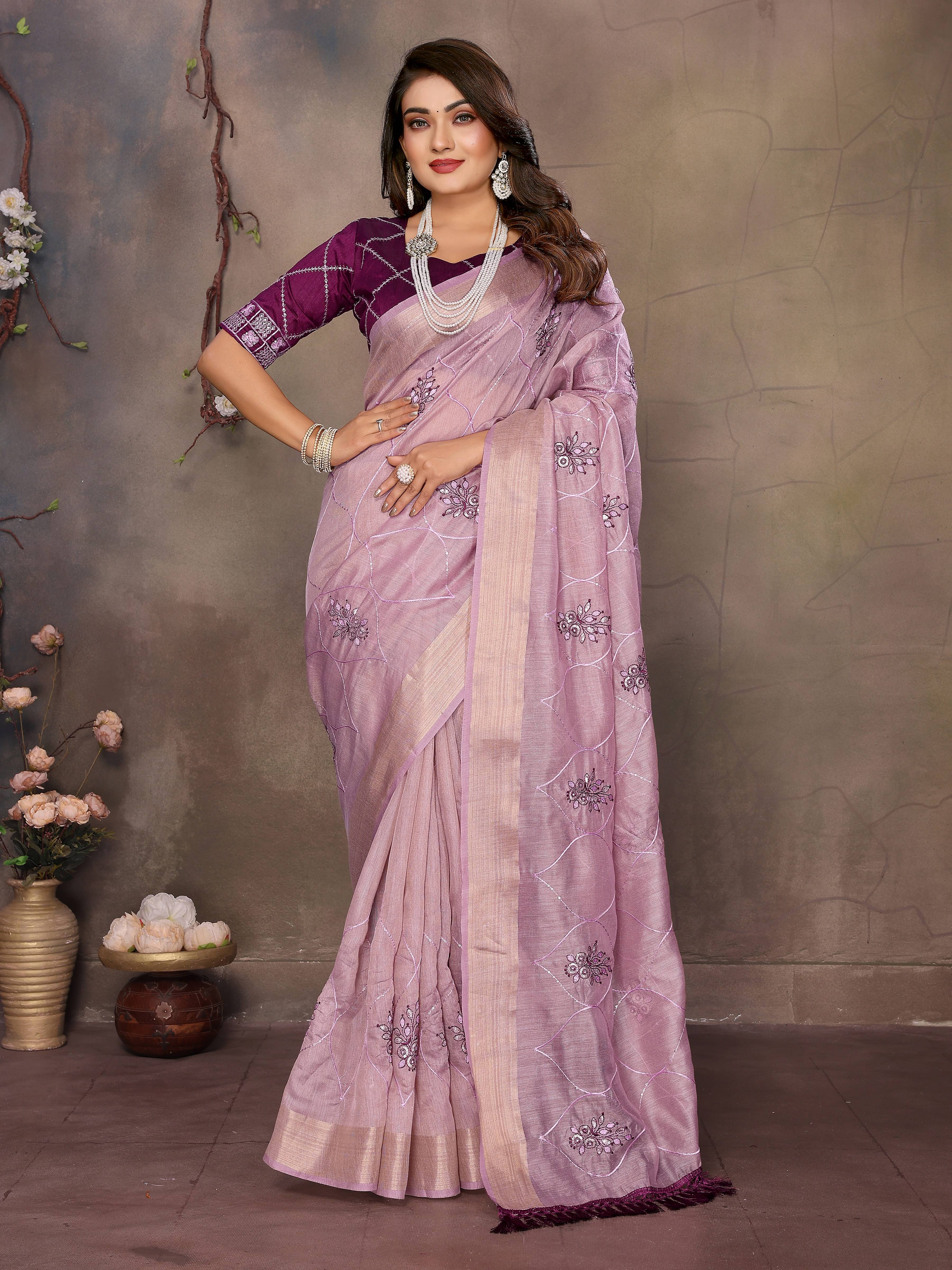 VEDANT VASTRAM Net Embroidered Regular Saree With Unstitched Blouse Piece ( Lavender ) VEDANT VASTRAM Net Embroidered Regular Saree With Unstitched Blouse Piece ( Lavender )