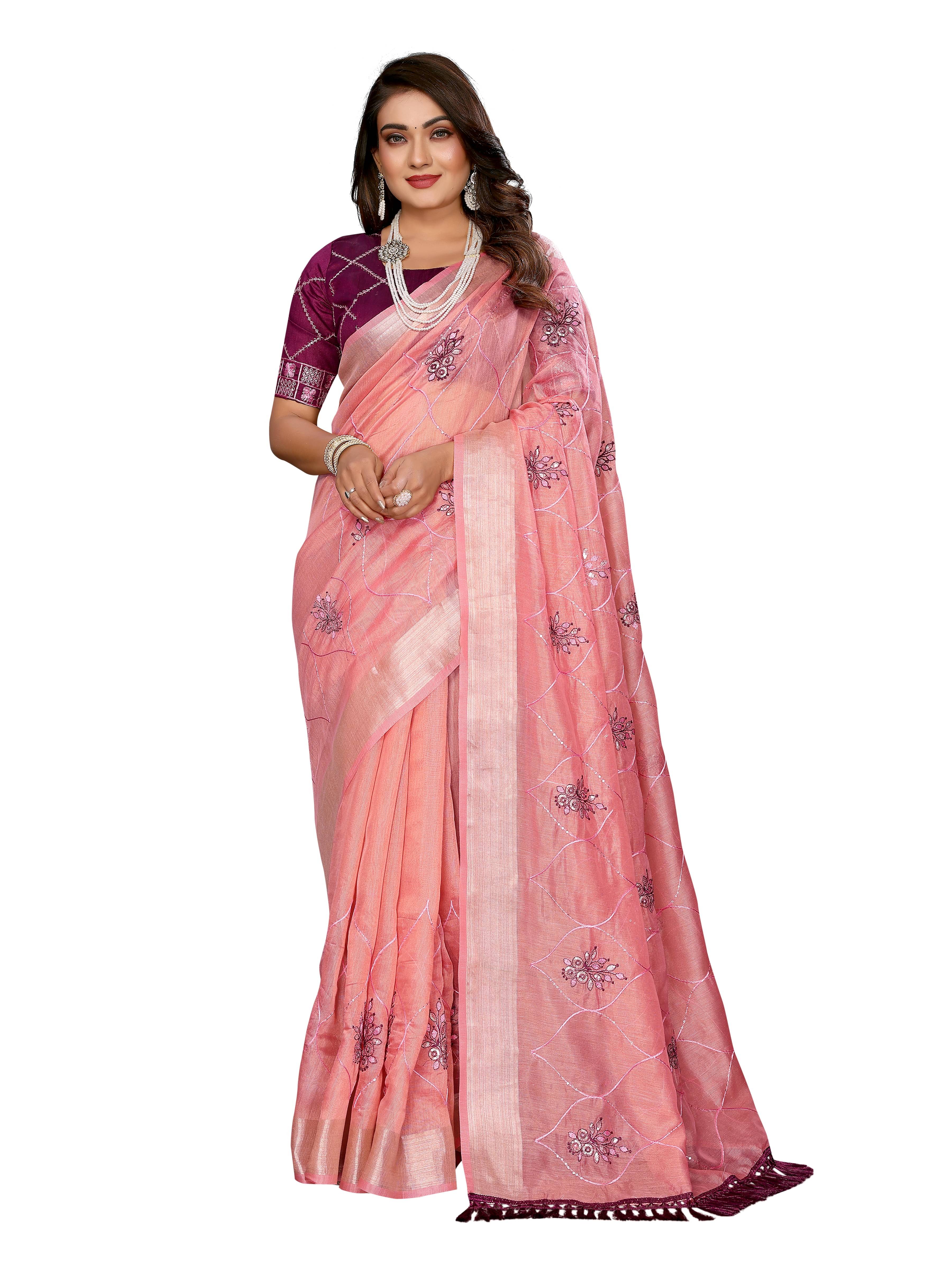 VEDANT VASTRAM Net Embroidered Regular Saree With Unstitched Blouse Piece ( Peach ) VEDANT VASTRAM Net Embroidered Regular Saree With Unstitched Blouse Piece ( Peach )