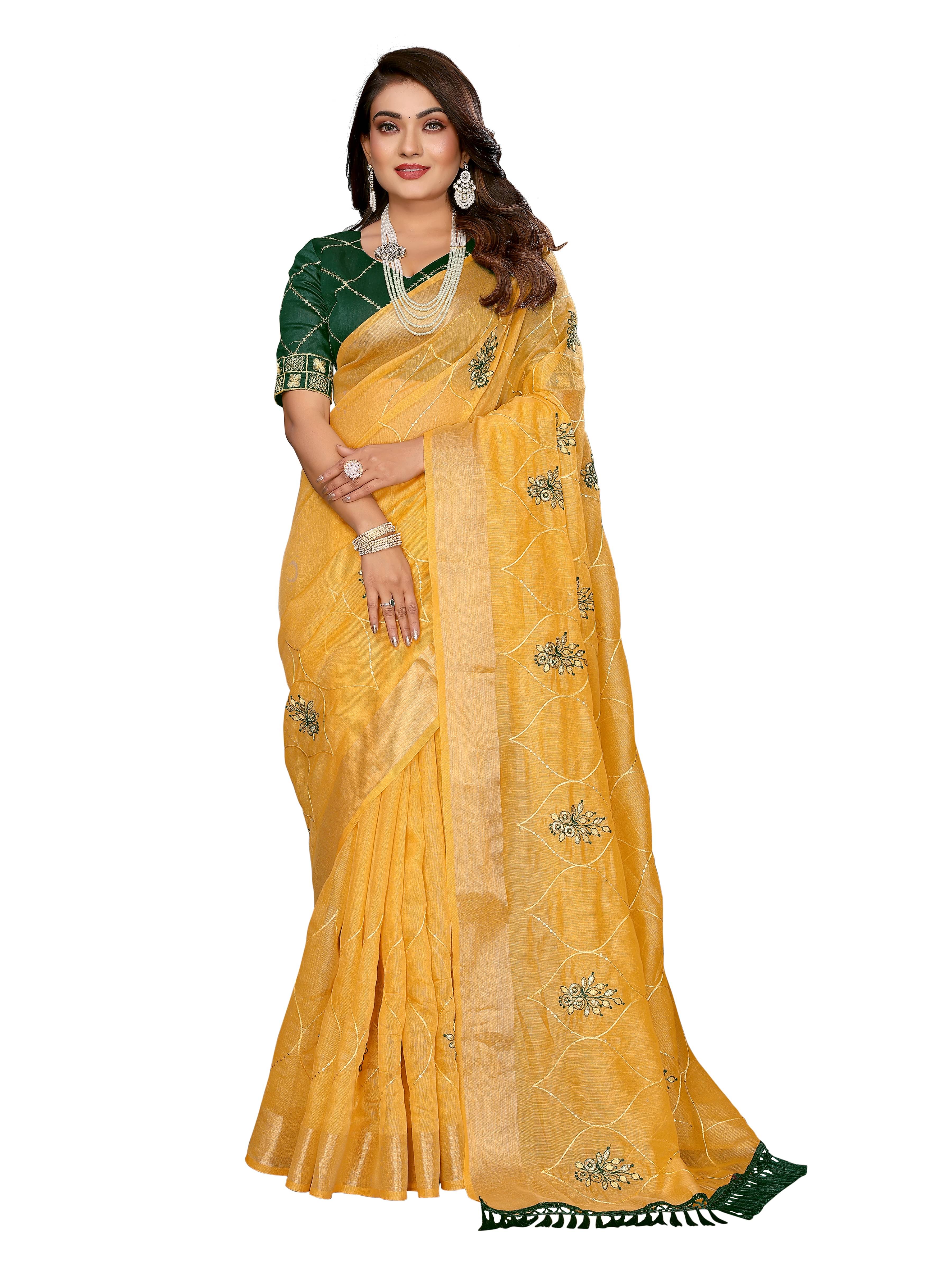     			VEDANT VASTRAM Net Embroidered Regular Saree With Unstitched Blouse Piece ( Mustard )