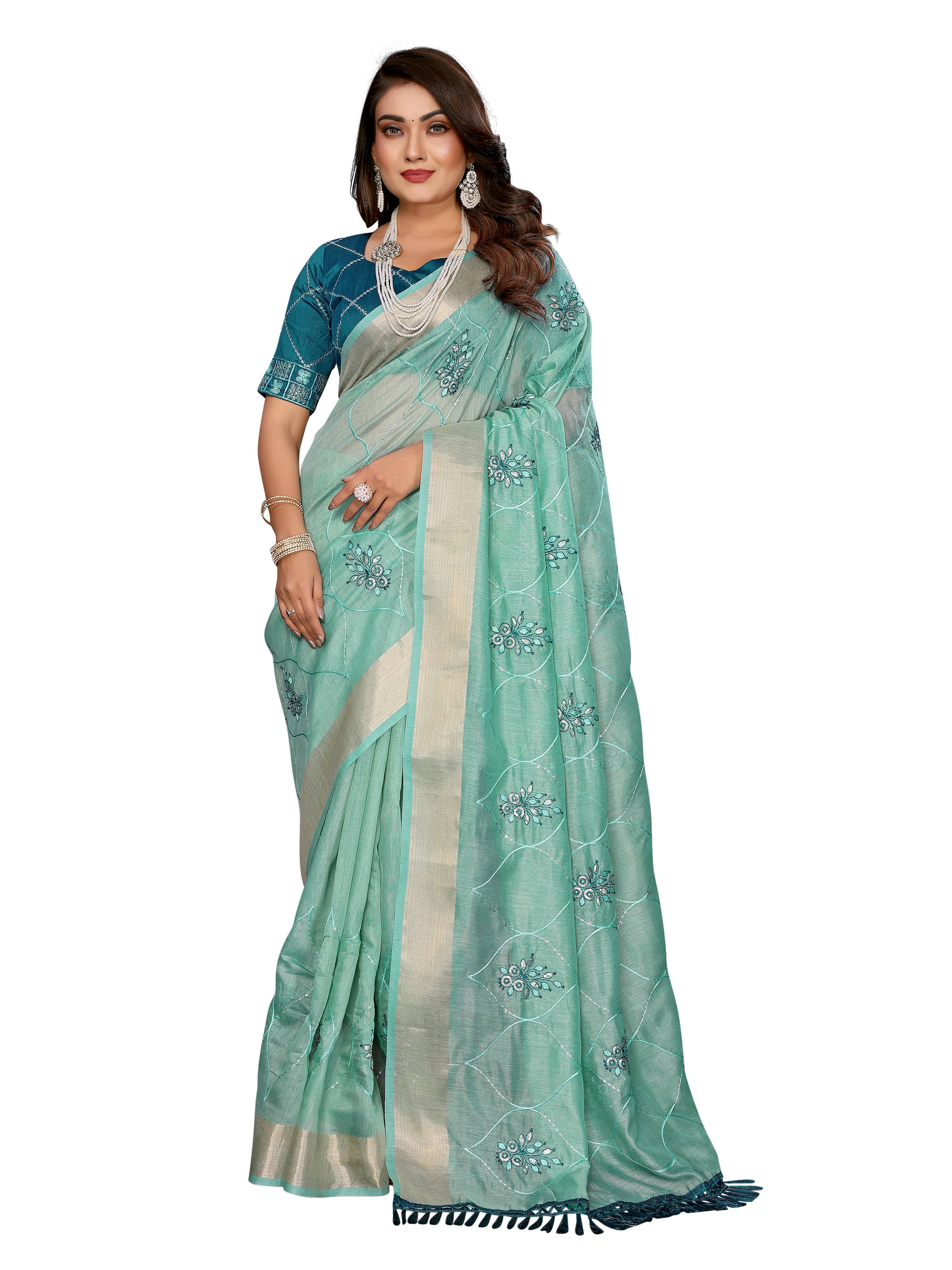     			VEDANT VASTRAM Net Embroidered Regular Saree With Unstitched Blouse Piece ( Turquoise )