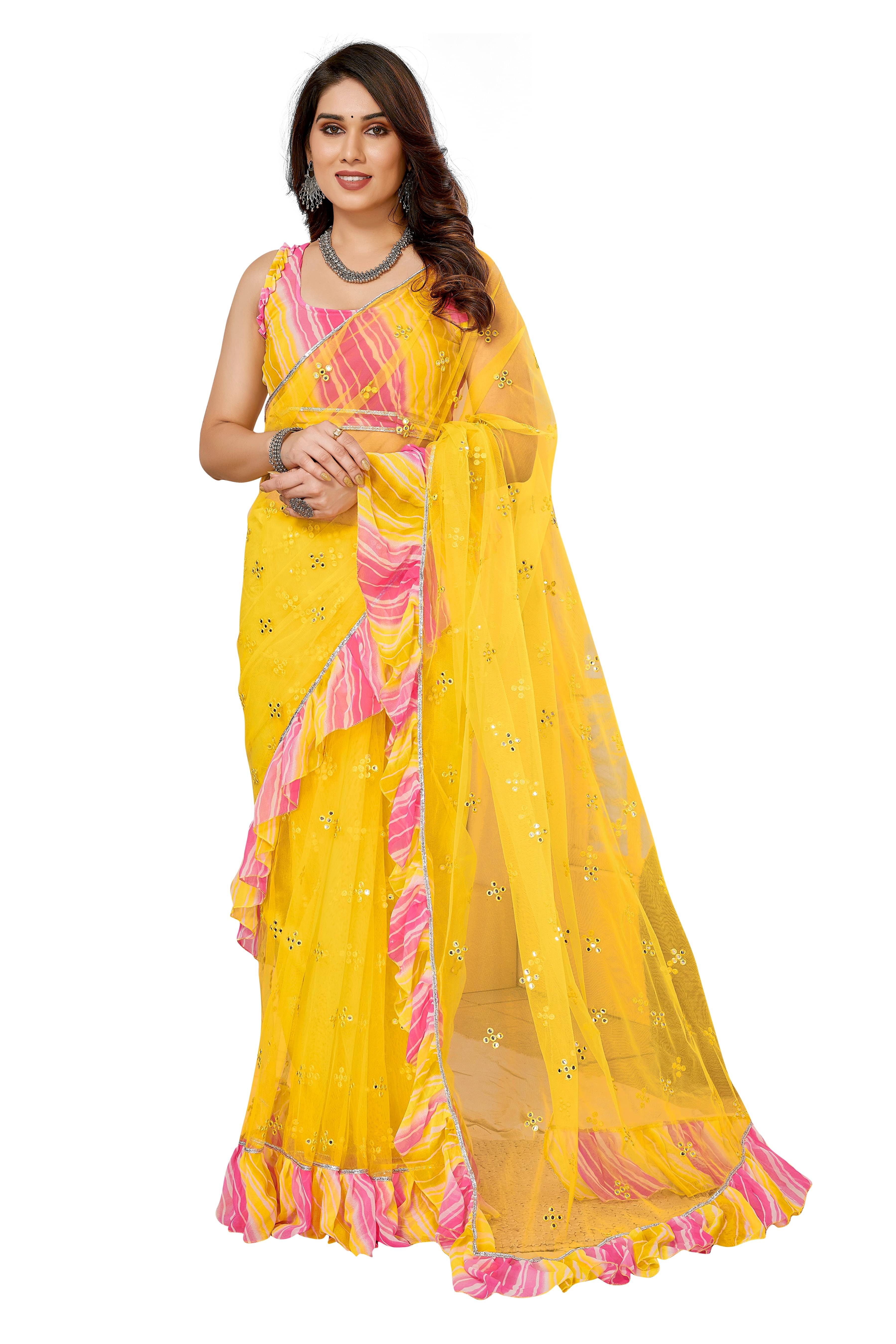     			VEDANT VASTRAM Net Embroidered Regular Saree With Unstitched Blouse Piece ( Yellow )
