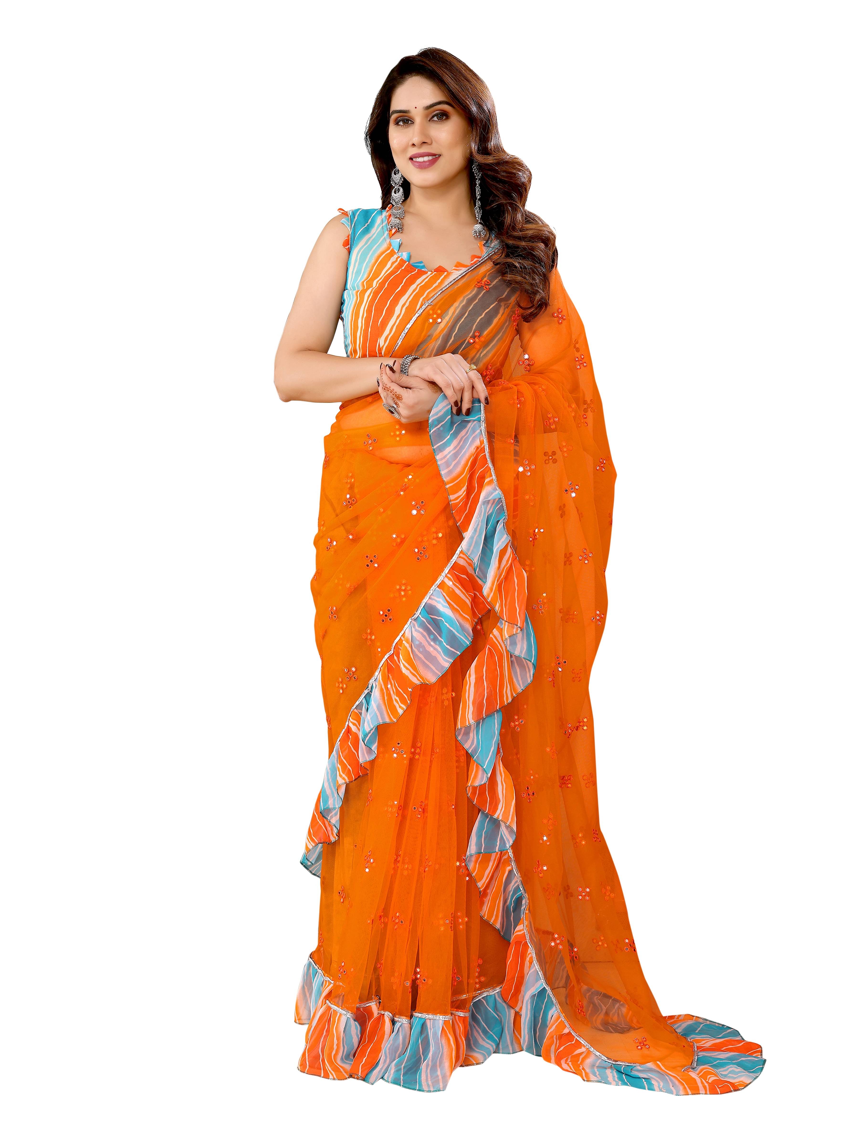     			VEDANT VASTRAM Net Embroidered Regular Saree With Unstitched Blouse Piece ( Orange )