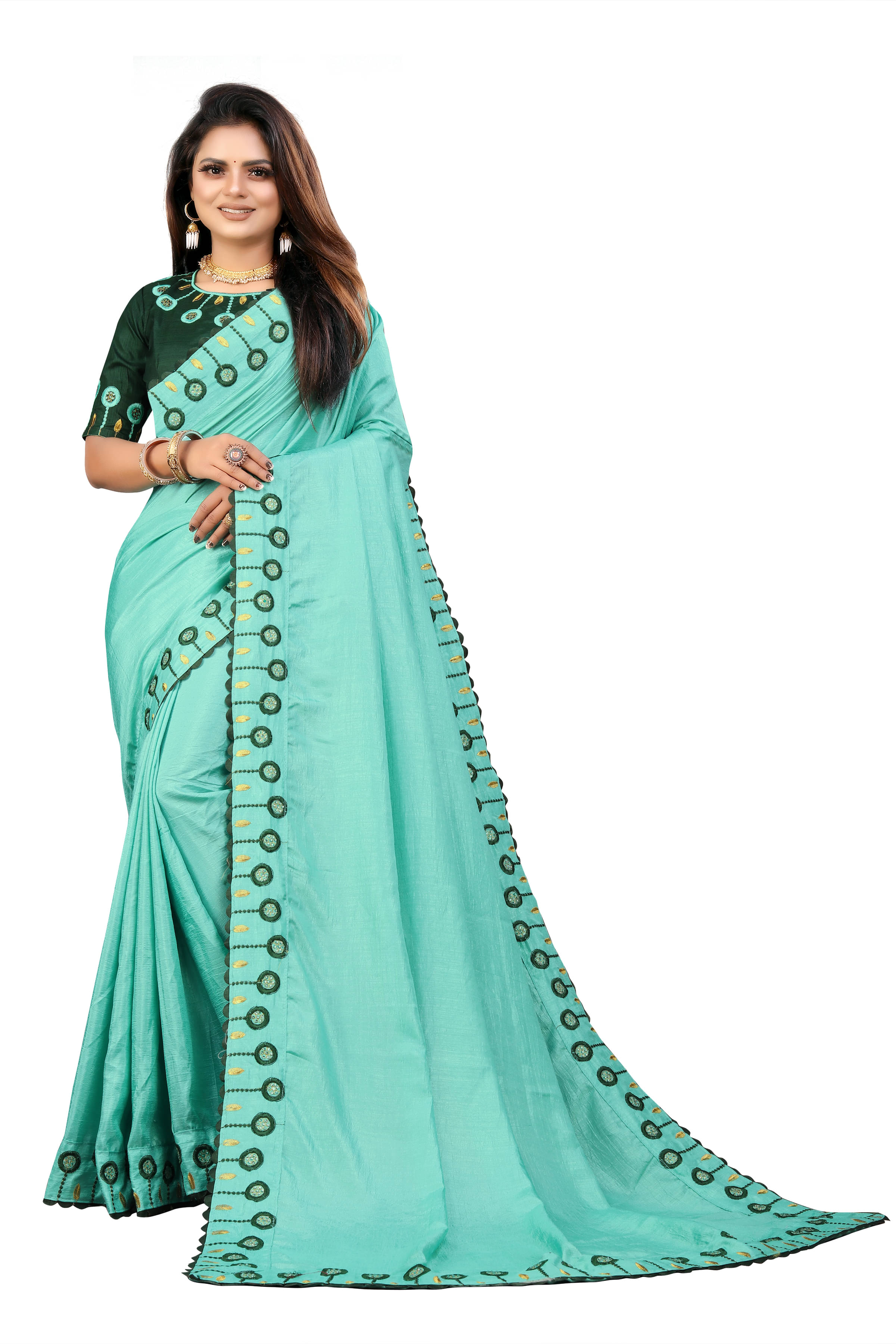     			VEDANT VASTRAM Silk Embroidered Regular Saree With Unstitched Blouse Piece ( Turquoise )