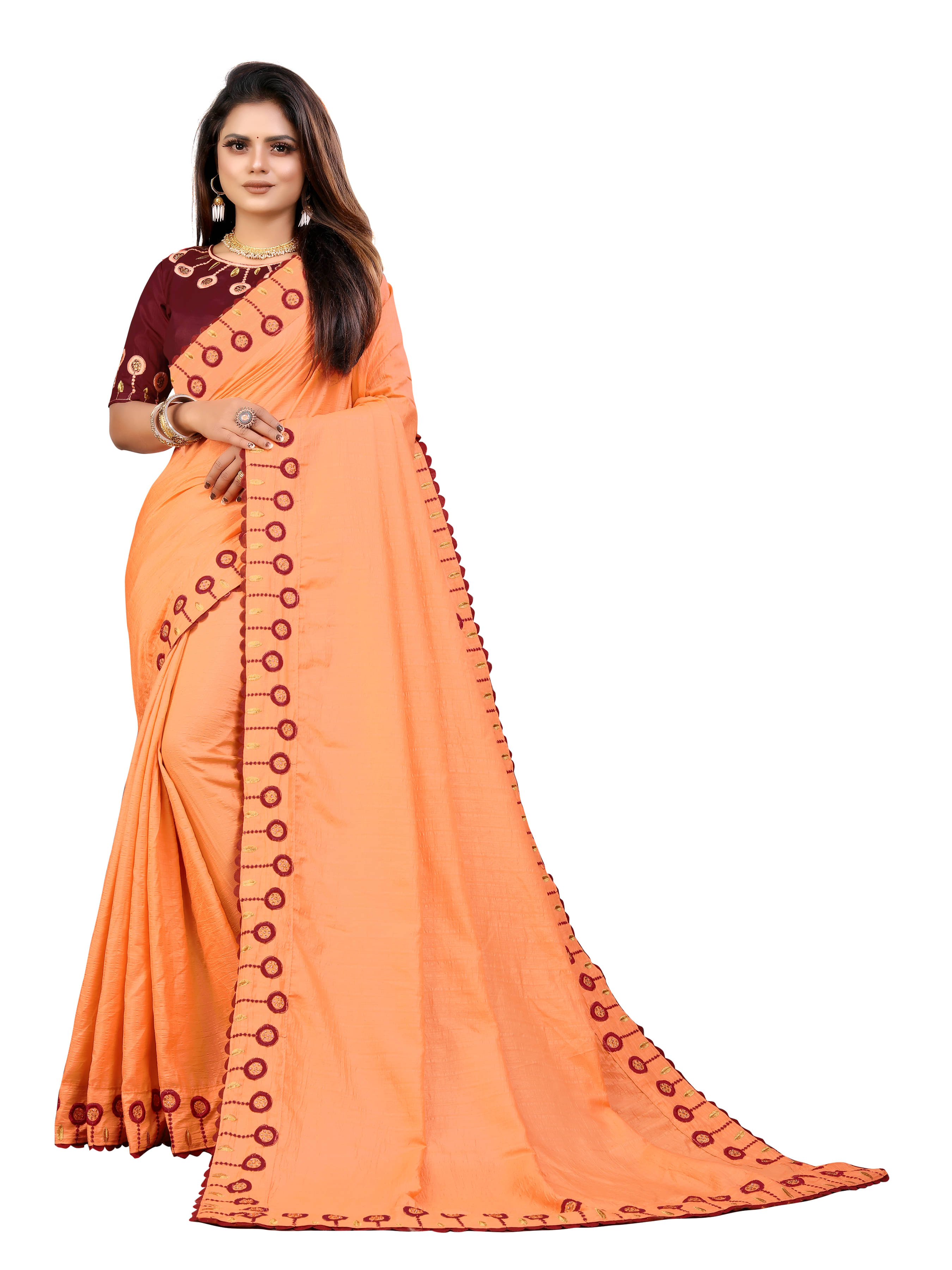     			VEDANT VASTRAM Silk Embroidered Regular Saree With Unstitched Blouse Piece ( Orange )