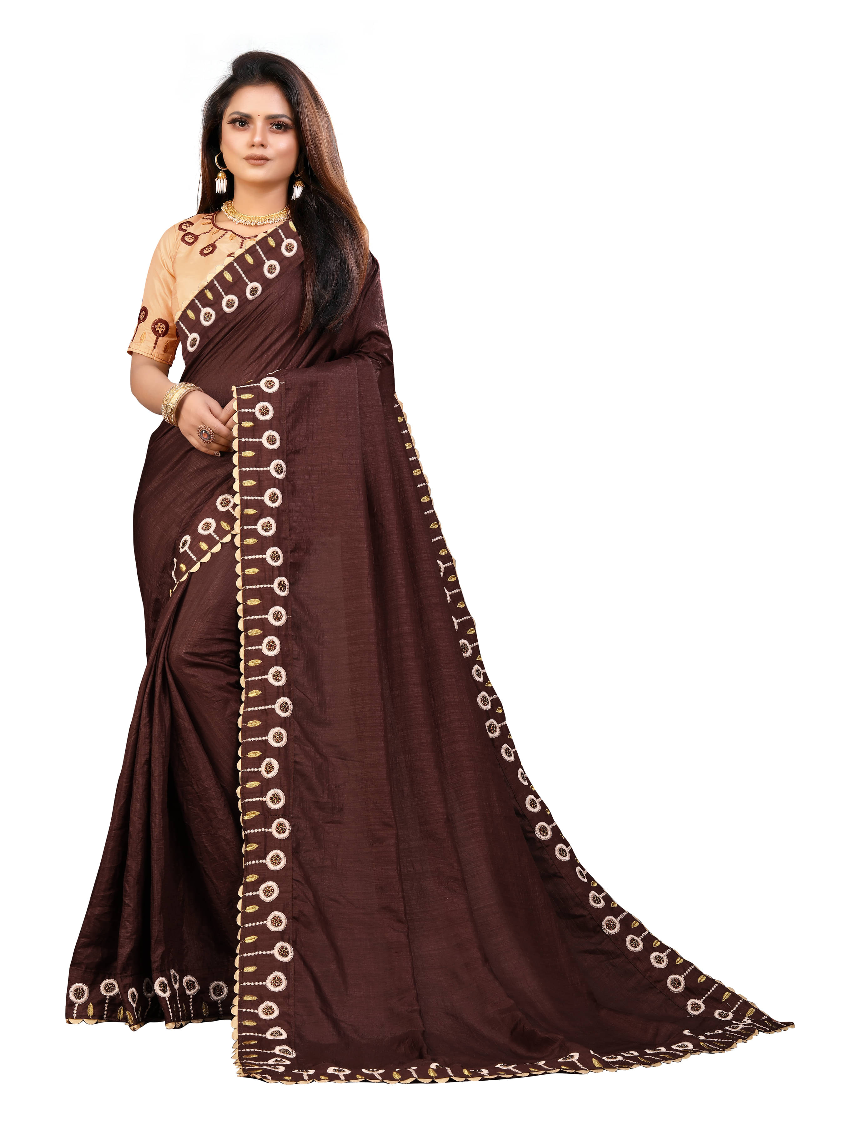    			VEDANT VASTRAM Silk Embroidered Regular Saree With Unstitched Blouse Piece ( Brown )